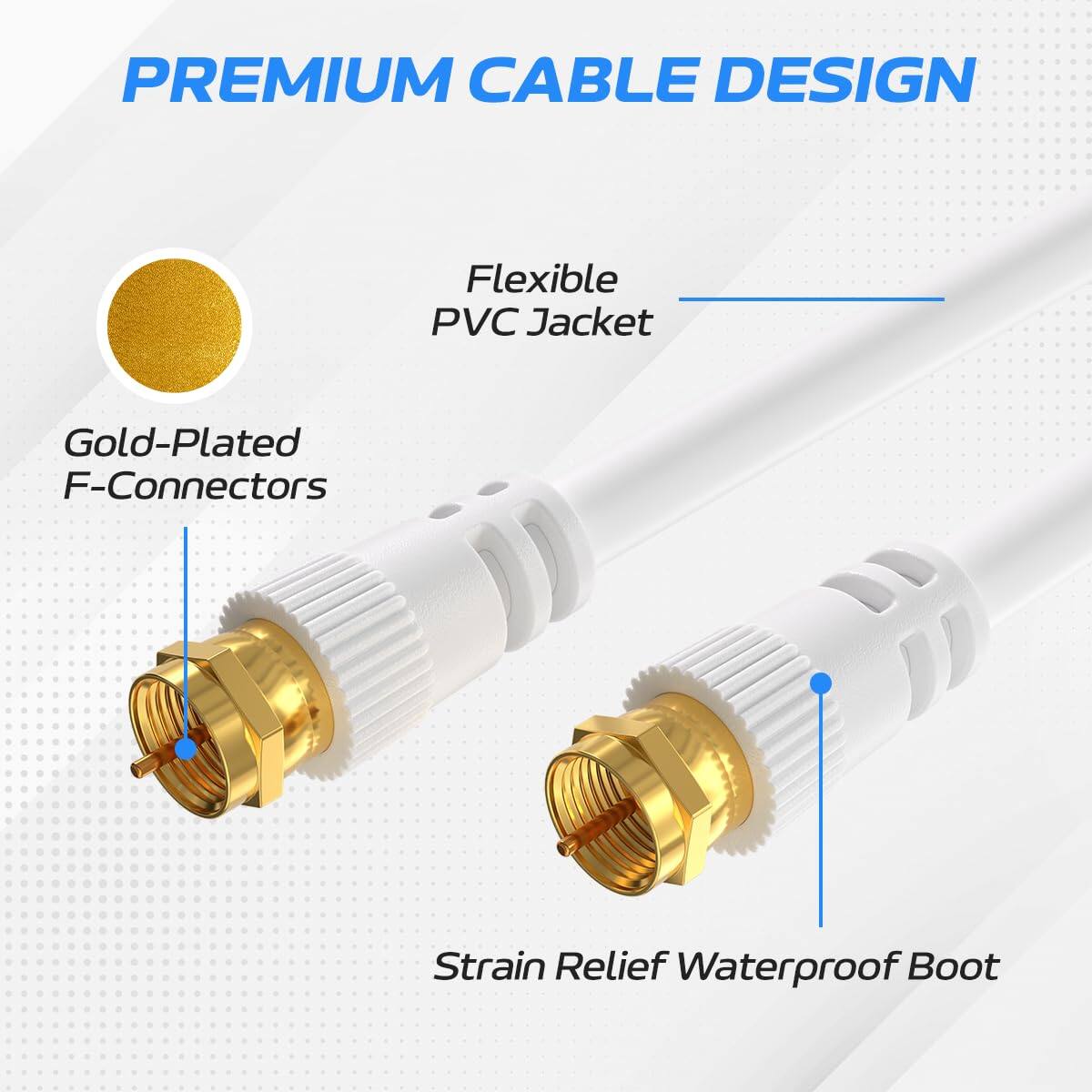 PREMIUM CABLE DESIGN

- Flexible PVC Jacket
- Gold-Plated F-Connectors
- Strain Relief Waterproof Boot