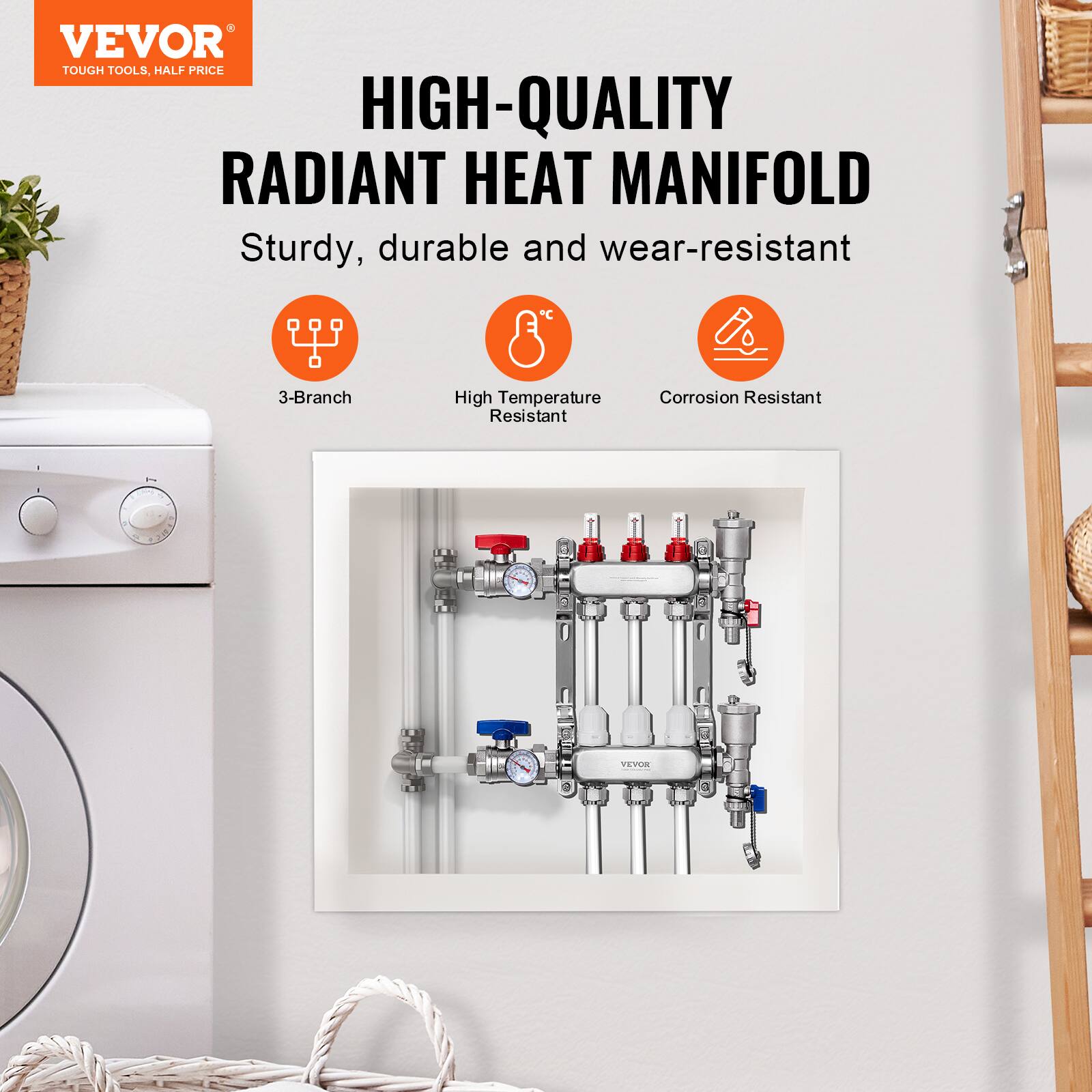 VEVOR TOUGH TOOLS, HALF PRICE

HIGH-QUALITY RADIANT HEAT MANIFOLD

Sturdy, durable and wear-resistant

3-Branch

High Temperature Resistant

Corrosion Resistant

VEVOR