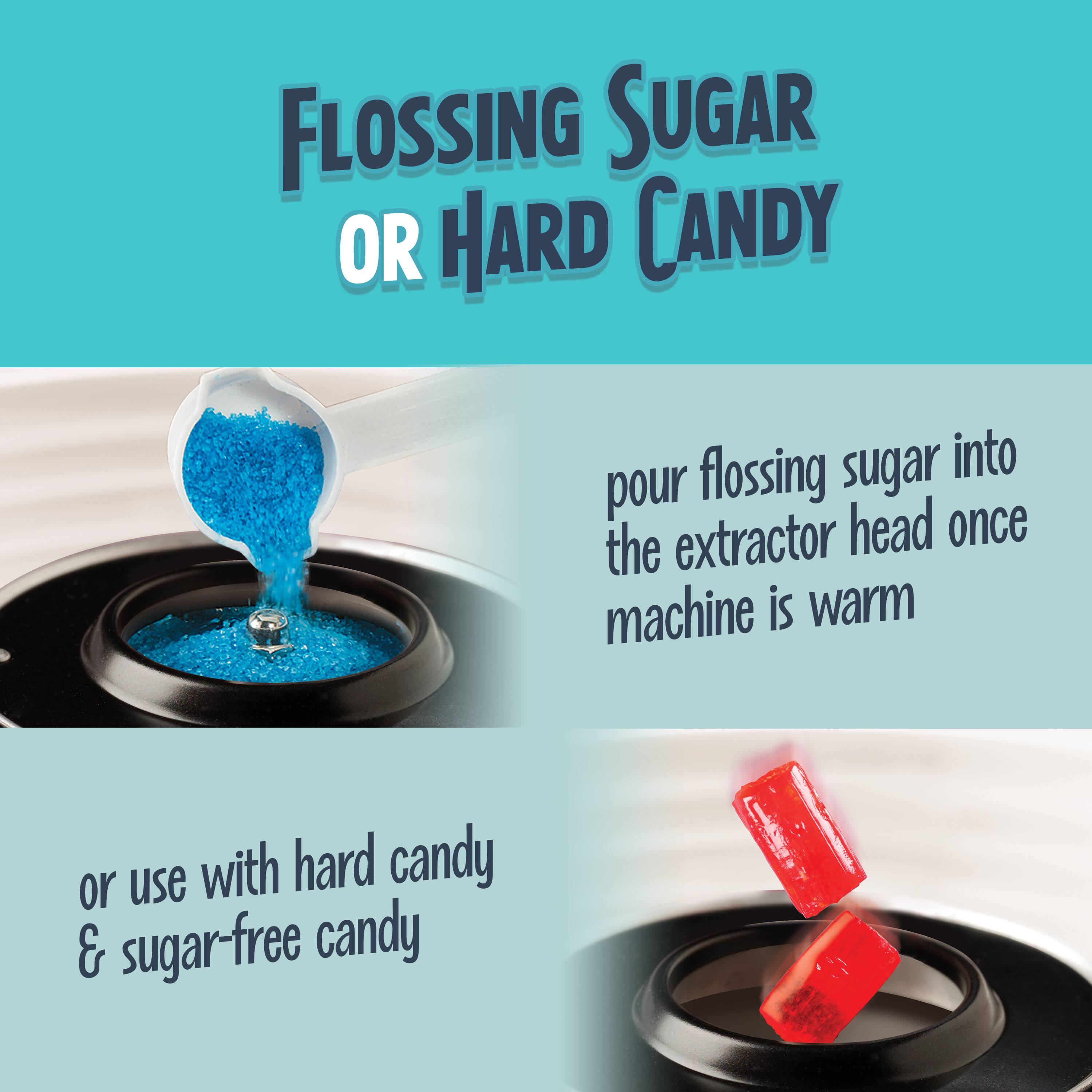 Flossing Sugar or Hard Candy

Pour flossing sugar into the extractor head once the machine is warm

Or use with hard candy & sugar-free candy