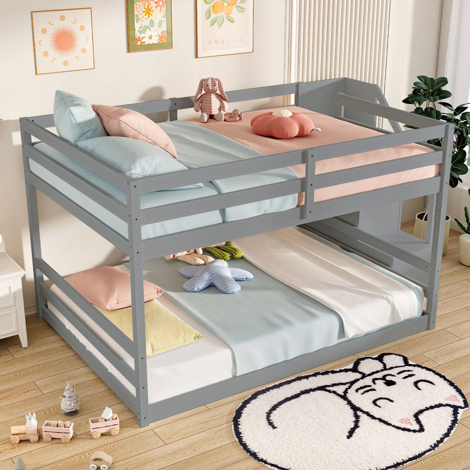 Alt View 5. Costway - Costway Full Over Full Low Bunk Bed with Storage Stairs with Full-length Guardrails - Gray.