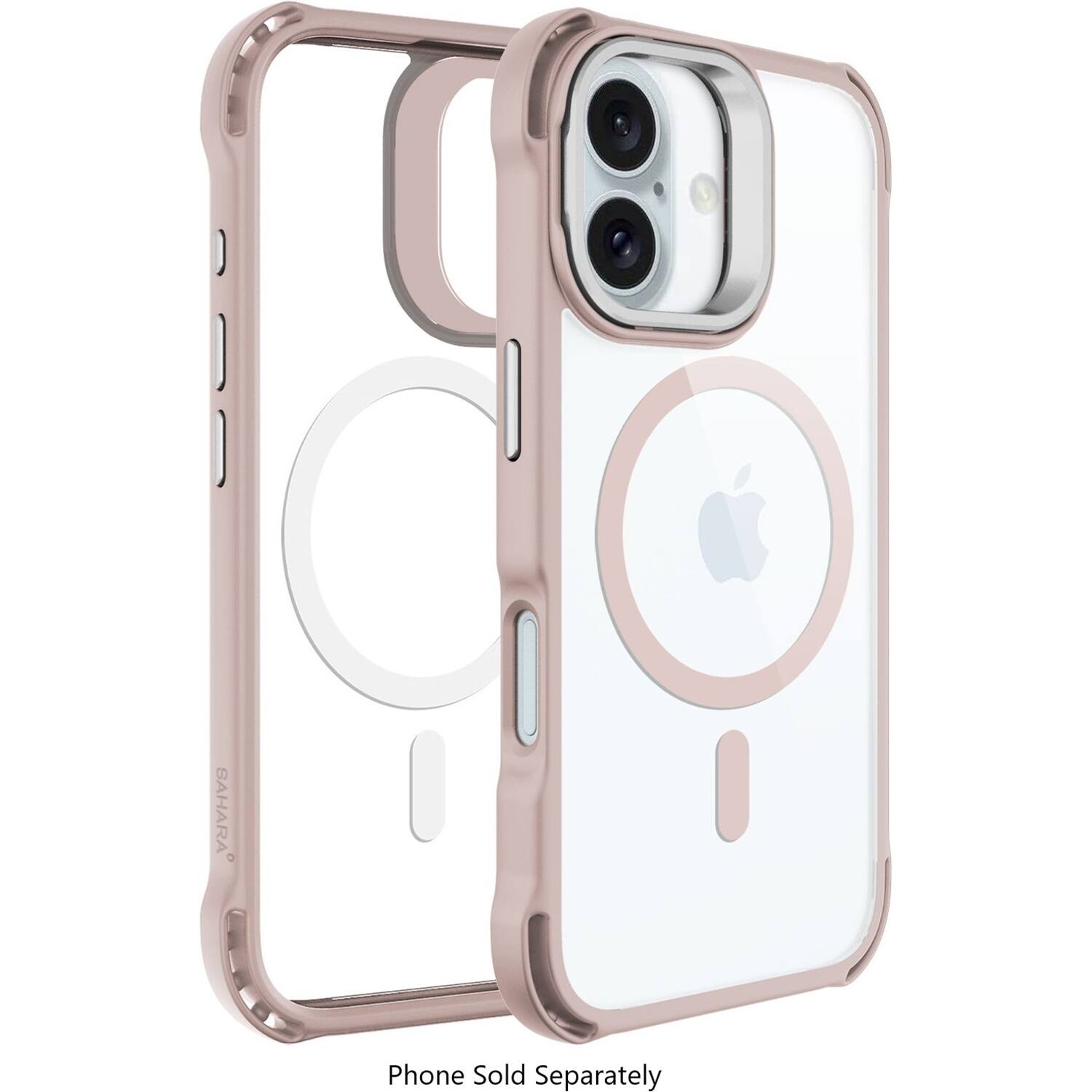 The image features a white iPhone case with a pink accent, which is being sold separately. The case is designed to protect the phone and is available for purchase.