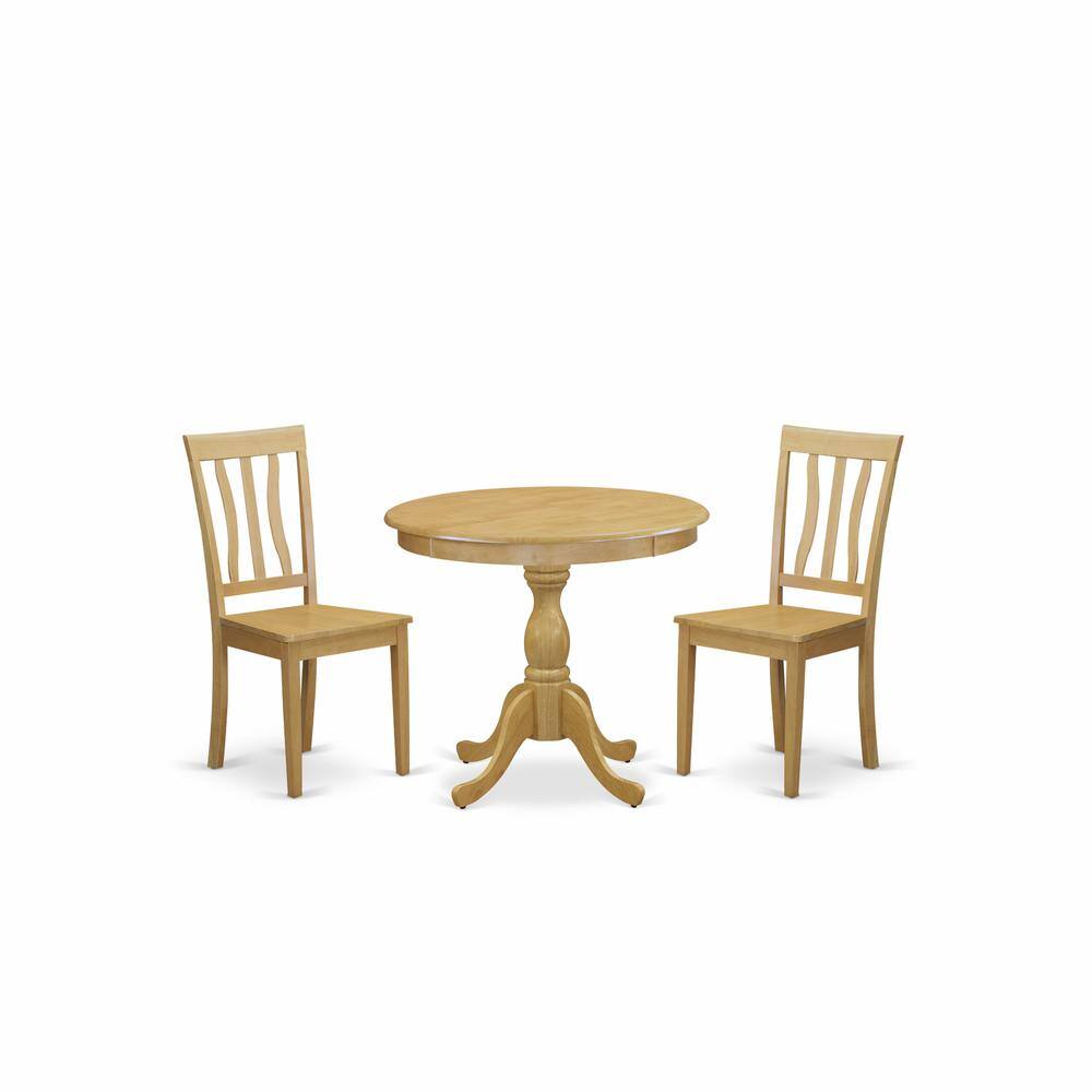 Left. East West Furniture - AMAN3-OAK-W 3 Piece Dinning Table Set - 1 Dining Table and 2 Oak Mid Century Dining Room Chairs - Oak Finish - Oak.