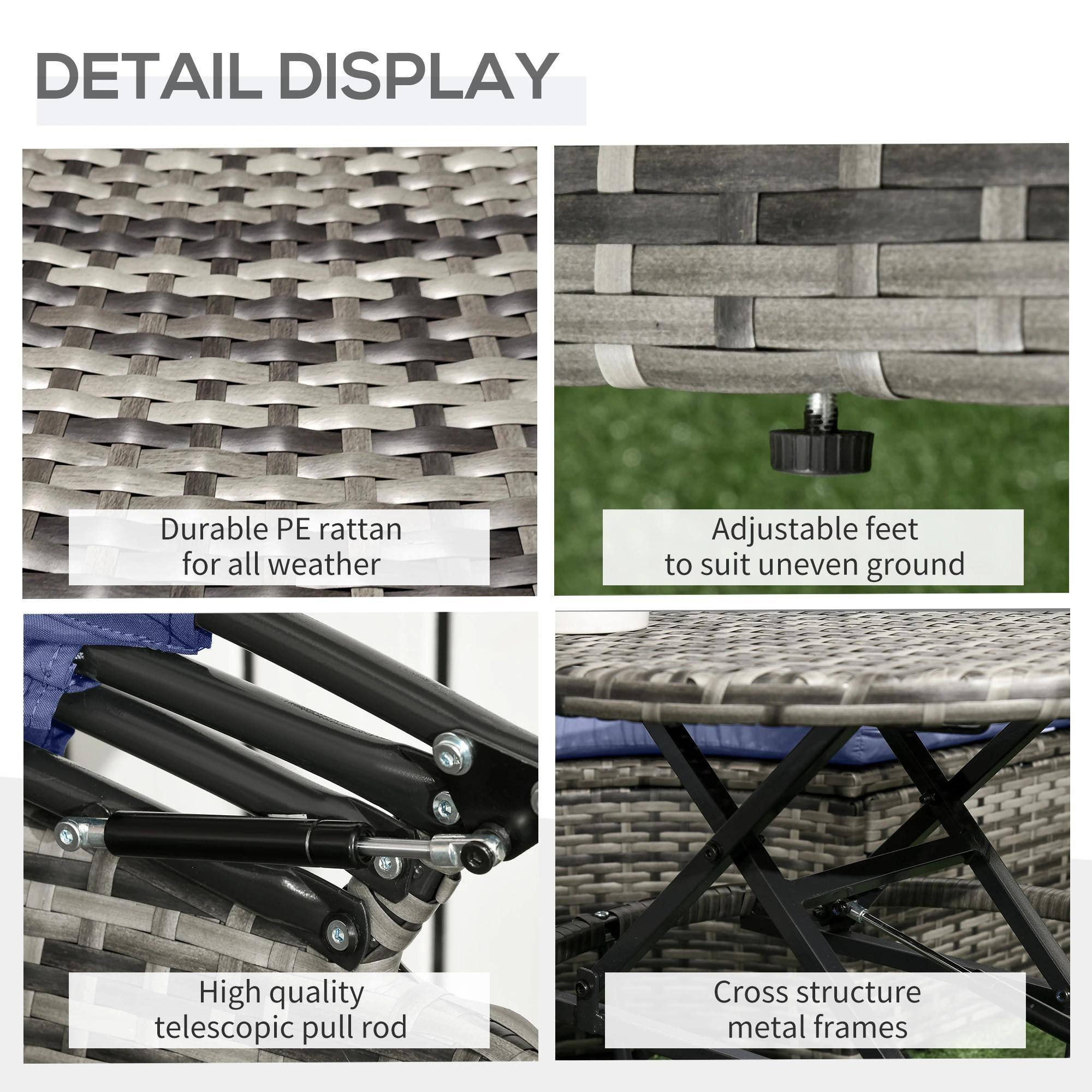 DETAIL DISPLAY

Durable PE rattan for all weather

Adjustable feet to suit uneven ground

High quality telescopic pull rod

Cross structure metal frames
