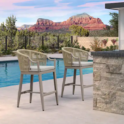 Front. PURPLE LEAF - Patio Counter Height Set of 2 Outdoor Rattan Chairs with Back Modern Aluminum Woven Barstools for Garden Indoor Kitchen - Champagne-Counter Stool.