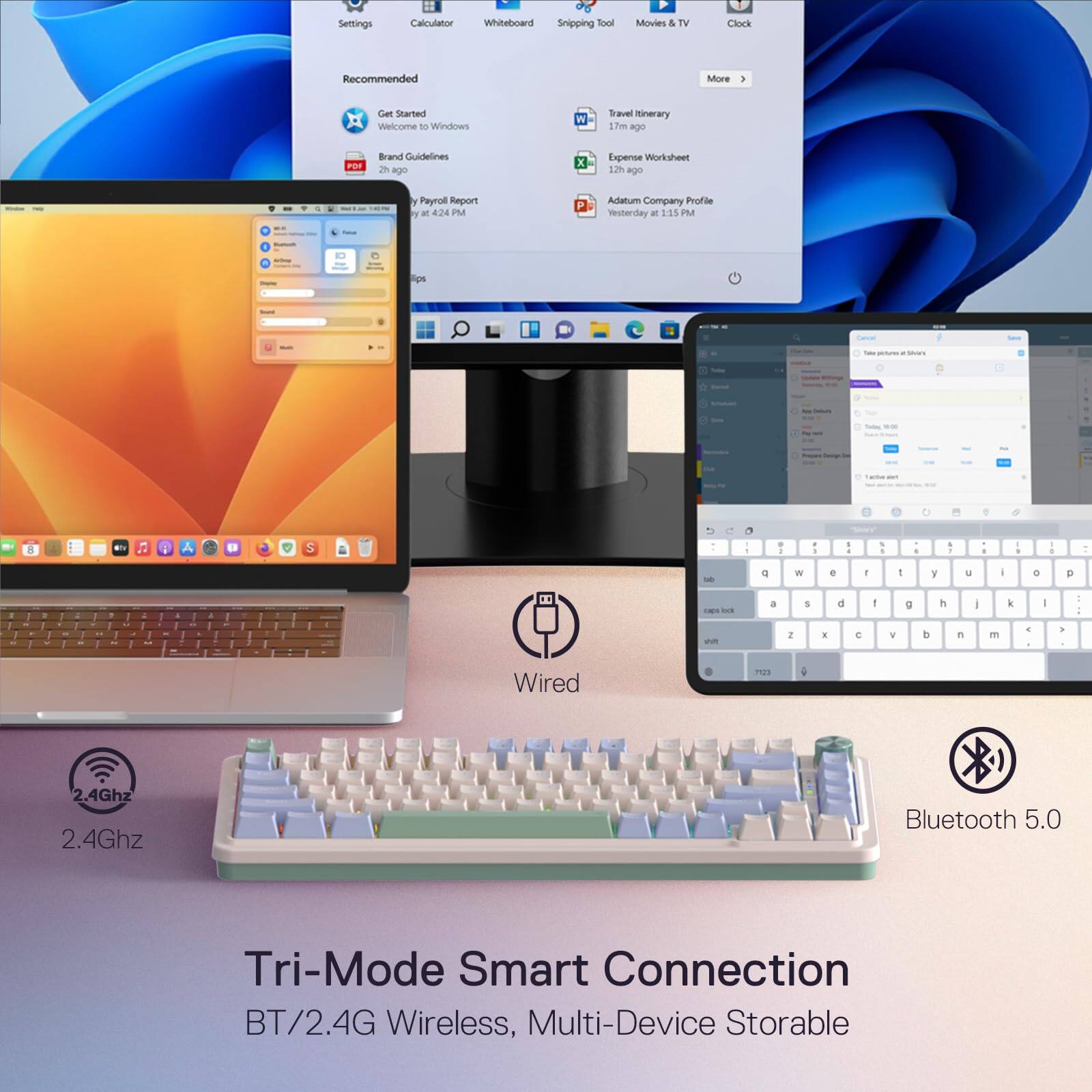 Sure, here is the corrected and grouped text from the image:

---

**Settings**  
**Calculator**  
**Whiteboard**  
**Snipping Tool**  
**Movies & TV**  
**Clock**  
**More**  

**Recommended**  
- **Get Started**  
  Welcome to Windows  
- **Brand Guidelines**  
  2h ago  
- **Payroll Report**  
  by Payrol  
  12% ago  
- **Travel itinerary**  
  17m ago  
- **Expense Worksheet**  
  12% ago  
- **Adatum Company Profile**  
  Yesterday at 1:15 PM  

**Tri-Mode Smart Connection**  
BT/2.4G Wireless, Multi-Device Storable  

**2.4Ghz**  
**Bluetooth 5.0**  

**Wired**  
**2.4Ghz**  
**Bluetooth 5.0**  

---

This text is organized based on the layout and content visible in the image.