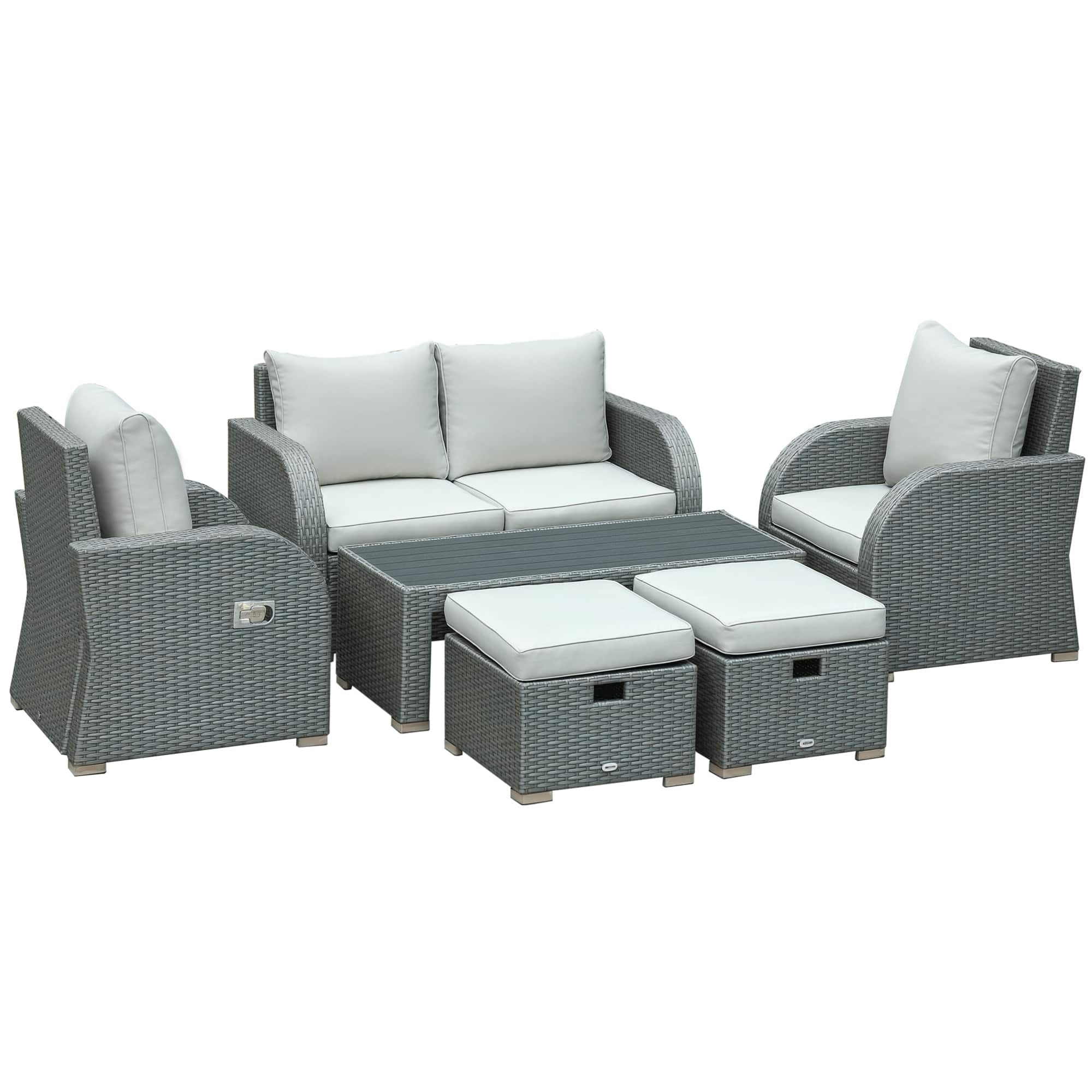 Outsunny - 6-PCs Patio Furniture Sets Outdoor Wicker Sofa Set Rattan Angle Adjustable Recline Single Chair Conversation Set - Gray