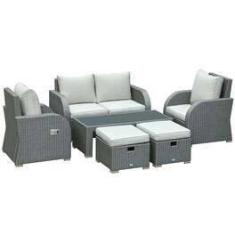 Outsunny - 6-PCs Patio Furniture Sets Outdoor Wicker Sofa Set Rattan Angle Adjustable Recline Single Chair Conversation Set - Gray