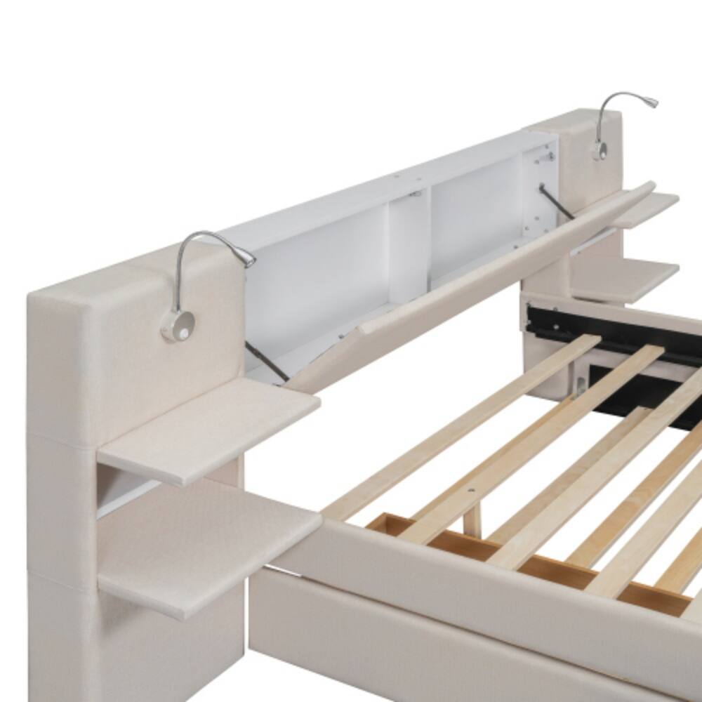 Alt View 1. LUCKY ONE - Queen Size Upholstered Platform Bed with Reading Lights, Drawers, Trundle, Storage Shelves, Linen Fabric - Beige.