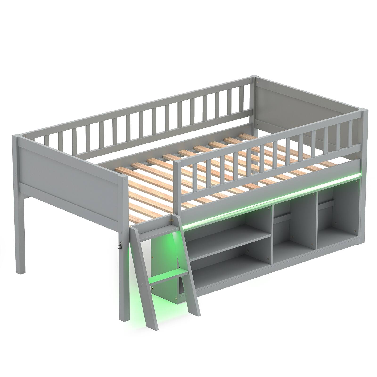 Alt View 9. Gymax - Gymax Twin Size Loft Bed w/ Adjustable LED Lights Bookshelves Safety Guardrails Grey - Gray.