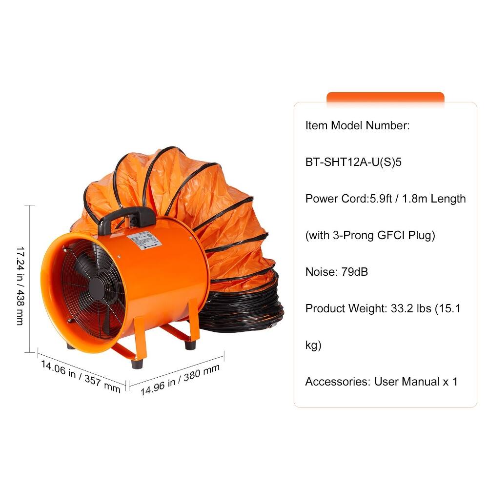 Item Model Number: BT-SHT12A-U(S)5  
Power Cord: 5.9ft / 1.8m Length (with 3-Prong GFCI Plug)  
Noise: 79dB  
Product Weight: 33.2 lbs (15.1 kg)  
Accessories: User Manual x 1