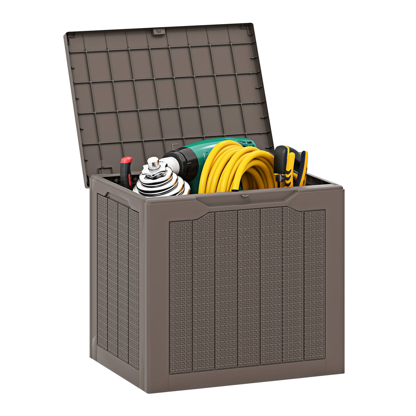 WELLFOR - Outdoor Storage Box 25 Gallon Deck Box with Lockable Lid and Wicker-woven Texture - Brown