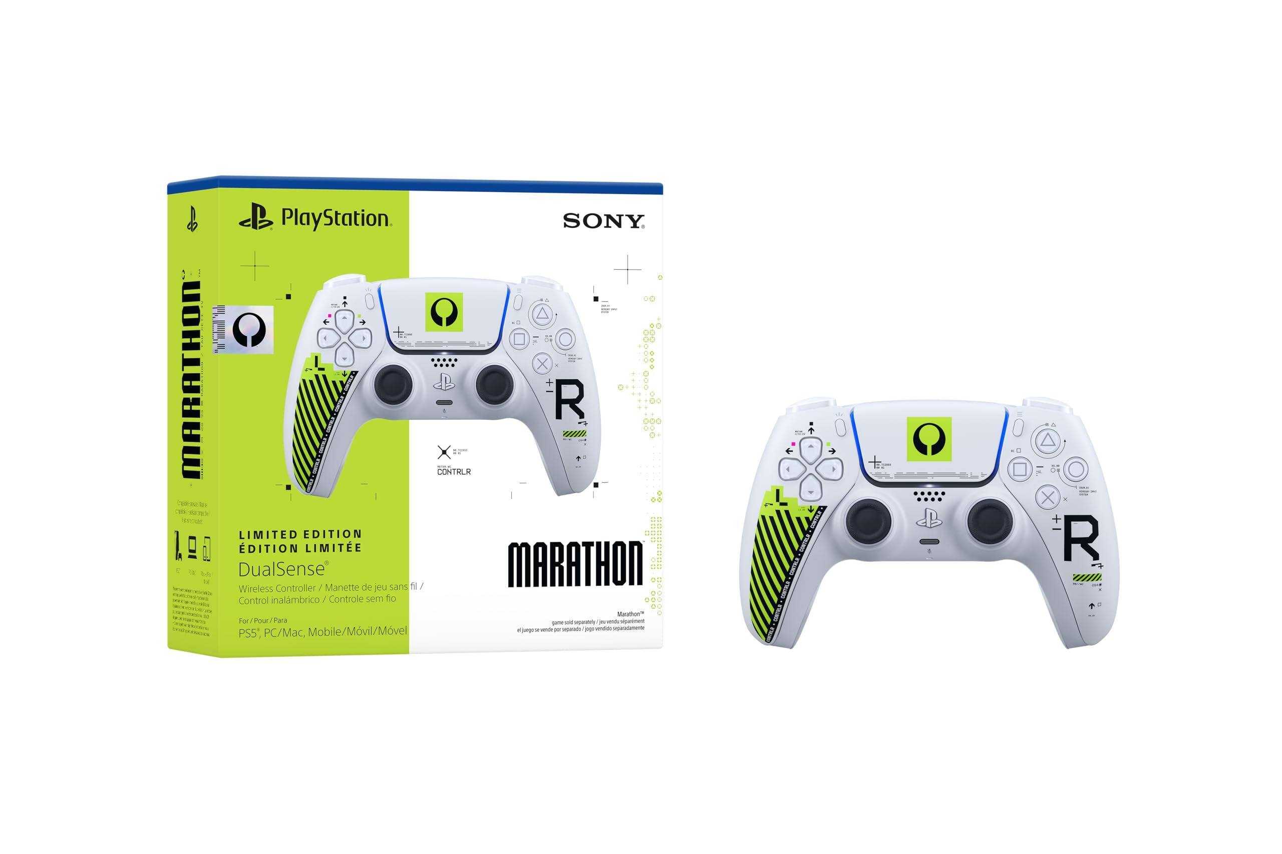 PlayStation. SONY.  
LIMITED EDITION  
DualSense  
Wireless Controller  
MARATHON  
For PS5, PC/Mac, Mobile/Móvil/Mobile