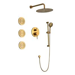 JUJABU - Shower System with Shower Head, Slide Bar, Bodysprays, Shower Arm, Hose, Valve Trim, and Lever Handles - Brushed Gold