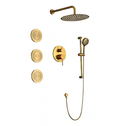 Front. JUJABU - Brushed Gold Shower System with Shower Head, Slide Bar, Bodysprays, Shower Arm, Hose, Valve Trim, and Lever Handles - Brushed Gold.