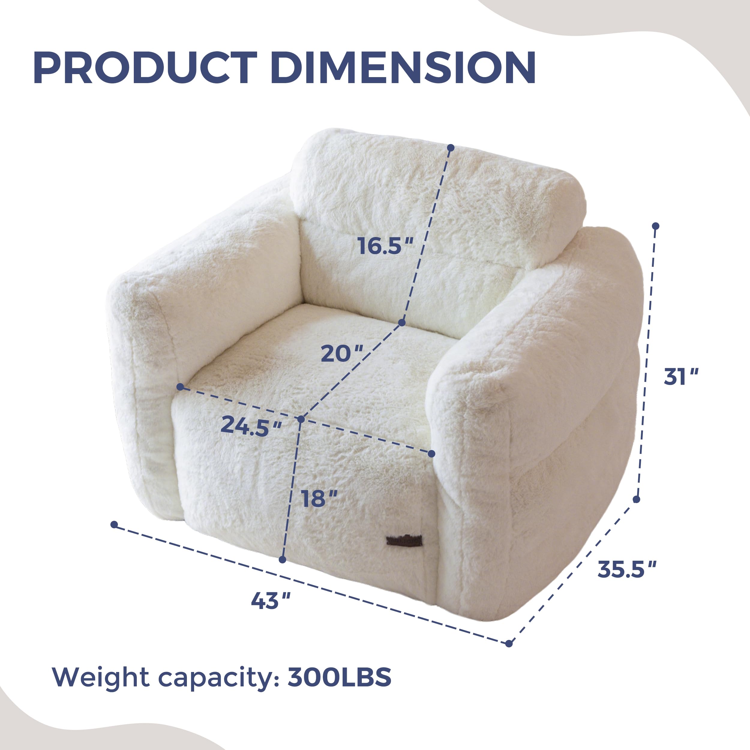 PRODUCT DIMENSION

- Width: 43"
- Depth: 35.5"
- Height: 31"
- Seat Height: 18"
- Seat Depth: 24.5"
- Arm Height: 20"
- Back Height: 16.5"

Weight capacity: 300LBS