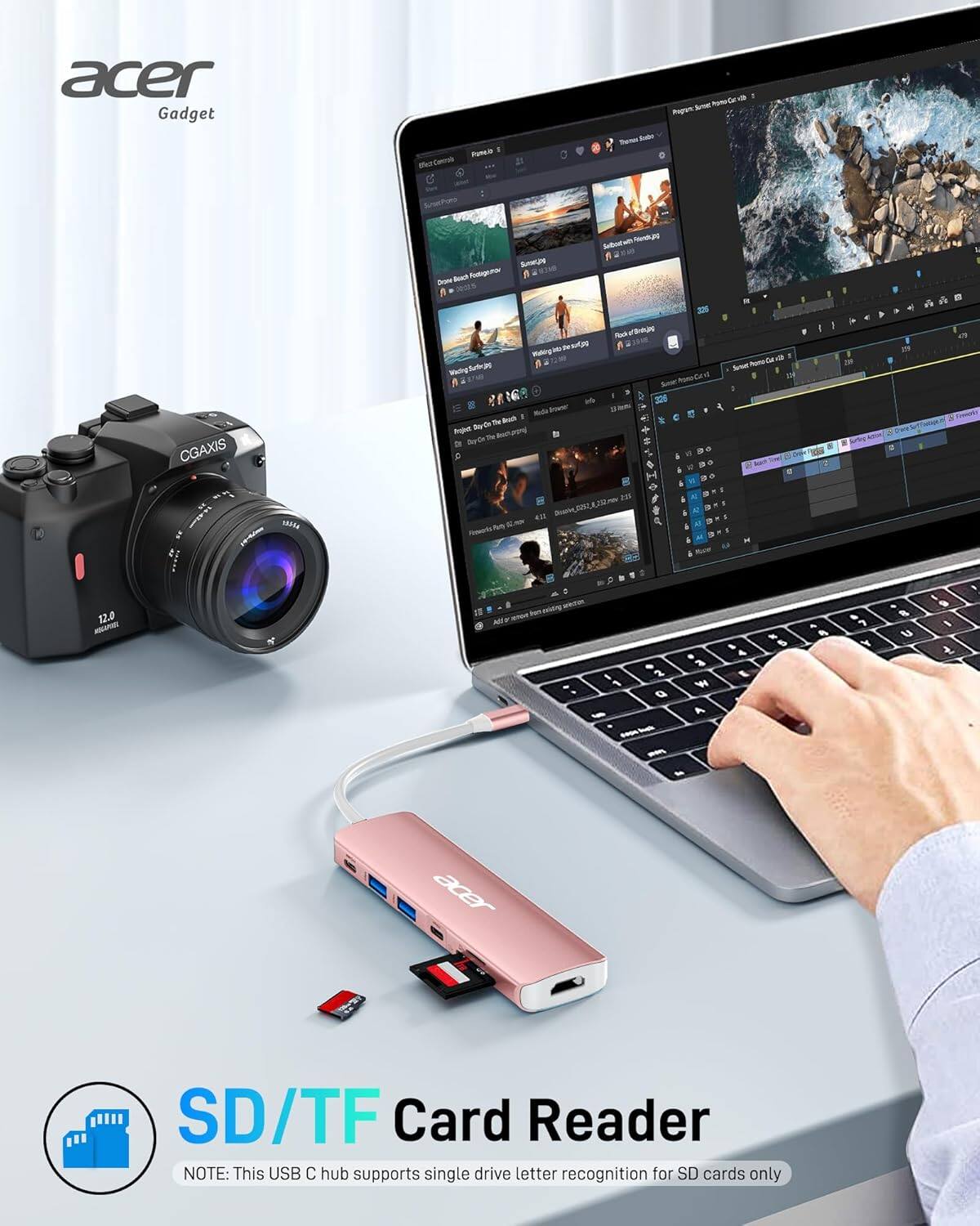 acer Gadget  
G Hurmer  
- - -  
Rono_ra CGAXIS  
naia n Sotoo a nhngo  
Antogras  
a Brato Bo A - 206 - aa  
a - - Waliy a f . Nom D  
-etu Walng 1 - Crdl 1 Sear . N6 -e 2 - dree 4 Buch + Beere - -no ning_to_trnscie - E . - . H  
I Fn 1 JSmN - as .  
M - a I - I > - - - a 12.0 - AT - NT - D 1 Q 3 W A I .  
I e u I & - a0er  

SD/TF Card Reader  
NOTE: This USB C hub supports single drive letter recognition for SD cards only