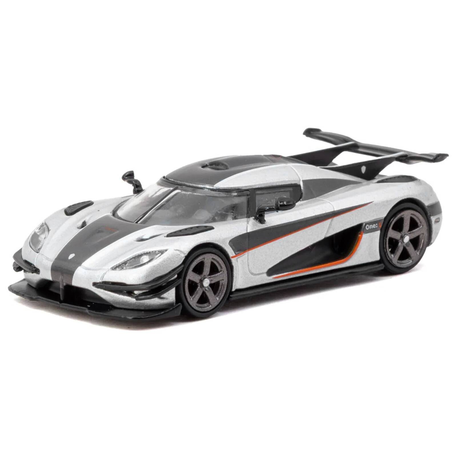 Alt View 1. Tarmac Works - Koenigsegg One:1 Silver Metallic with Black Stripes "Global64" Series 1/64 Diecast Model Car by Tarmac Works.