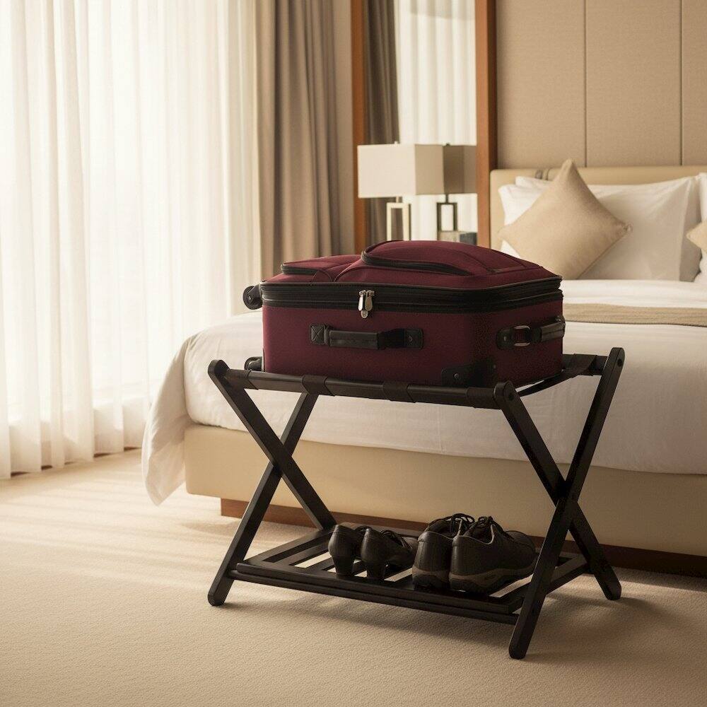 Alt View 1. FurniFact - Foldable Luggage Rack with Shelf - Espresso.