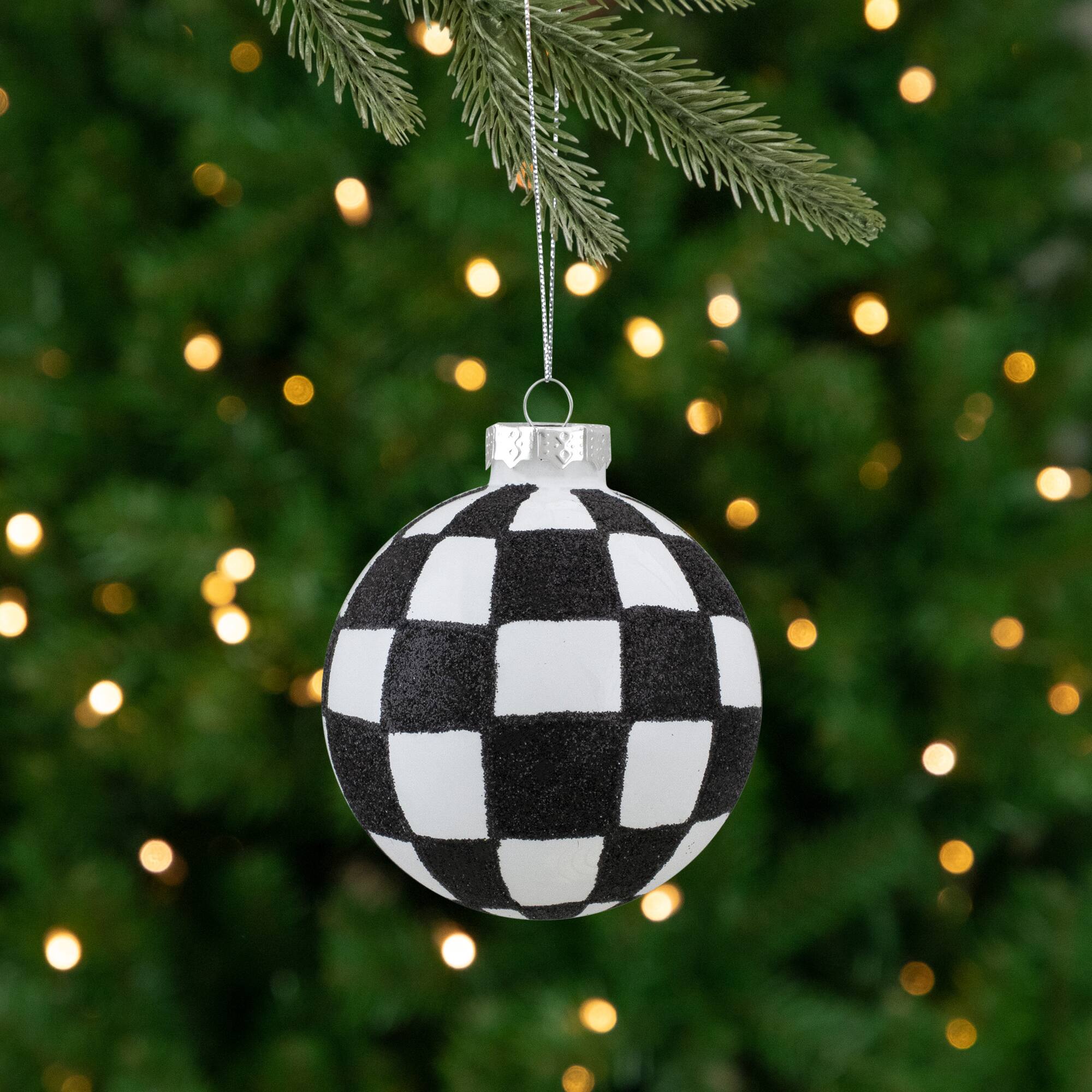 Alt View 2. Northlight - Zig Zag and Checkered Christmas Glass Ball Ornaments - 2.75" (67mm) - White and Black- 4ct - White.