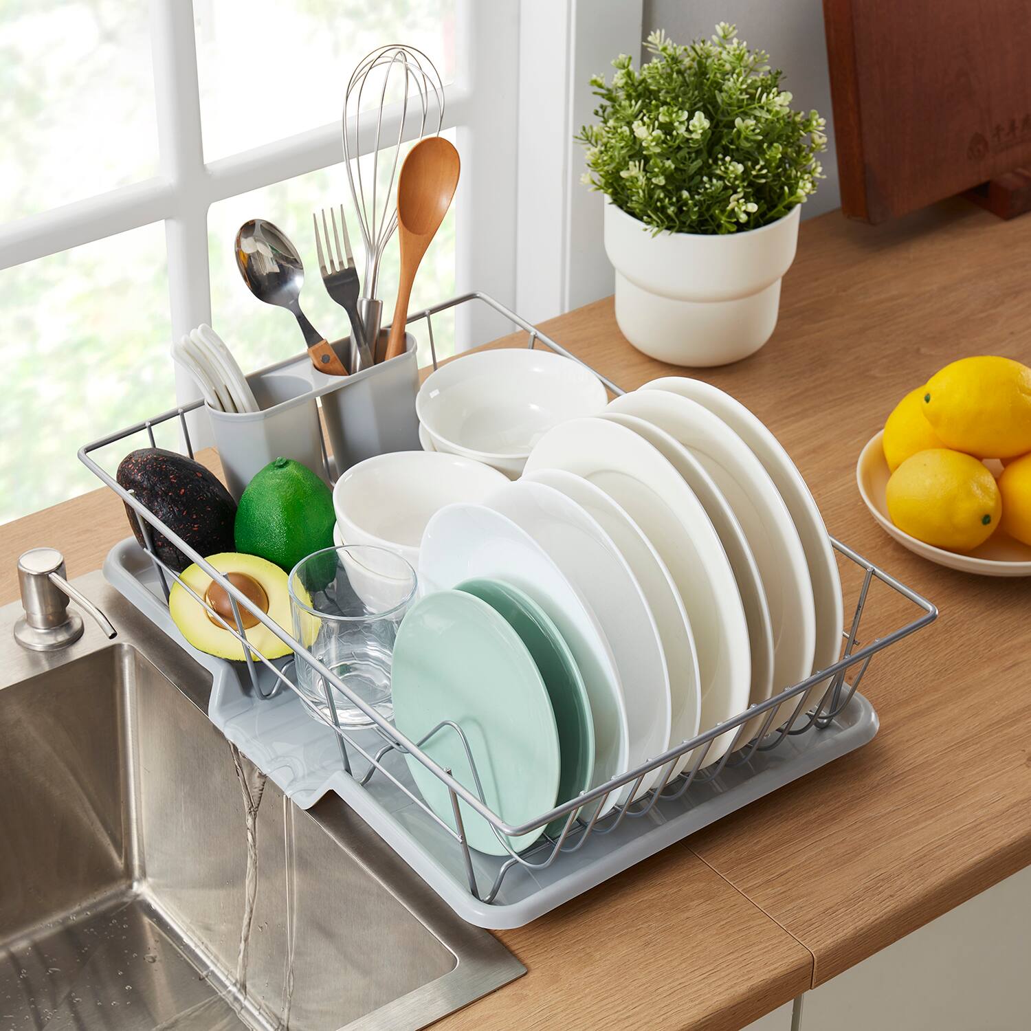 Back. Sweet Home Collection - Steel 3-Piece Large Countertop Dish Drainer with Drain Board & Utensil Holder - Silver.