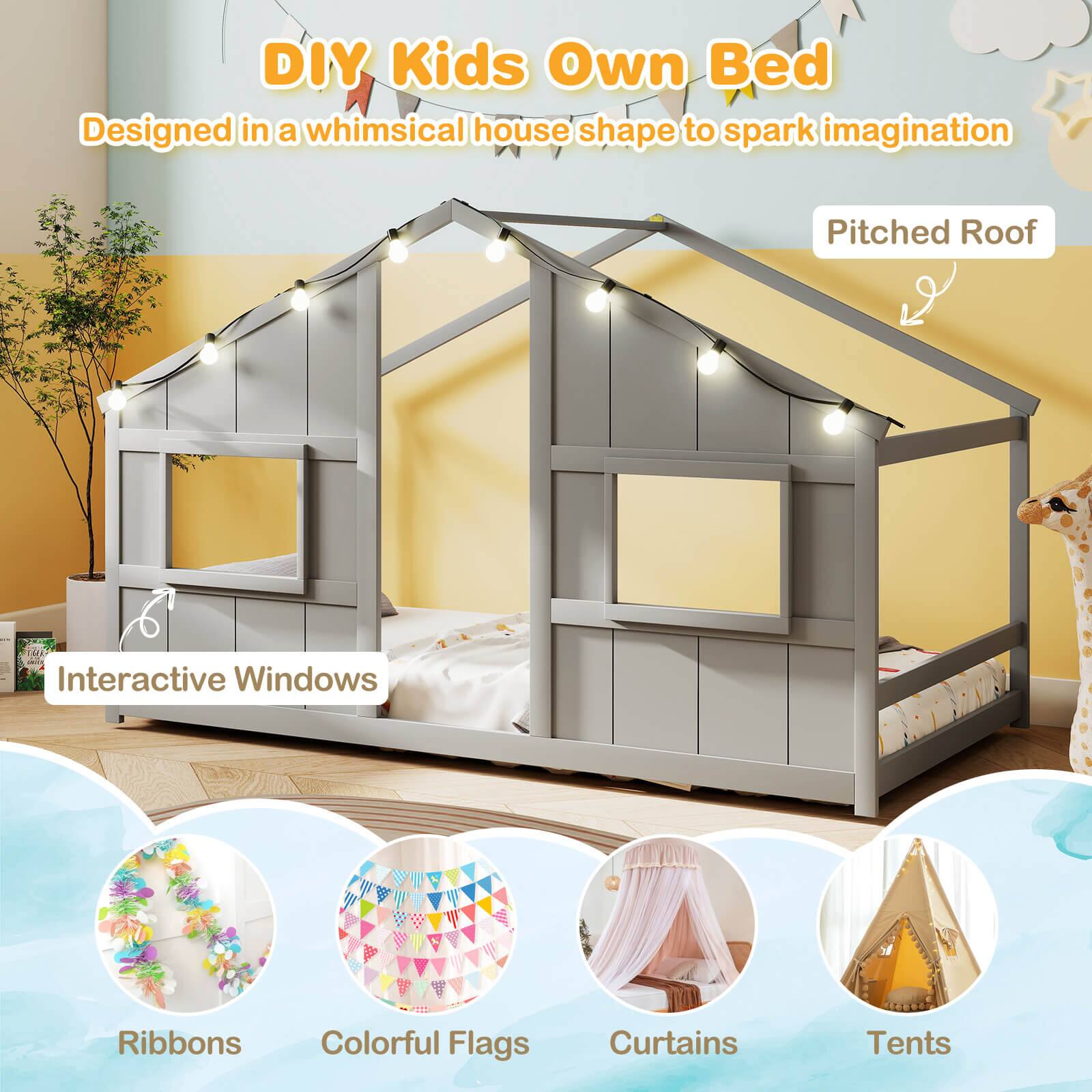 DIY Kids Own Bed  
Designed in a whimsical house shape to spark imagination  

- Pitched Roof  
- Interactive Windows  
- Ribbons  
- Colorful Flags  
- Curtains  
- Tents