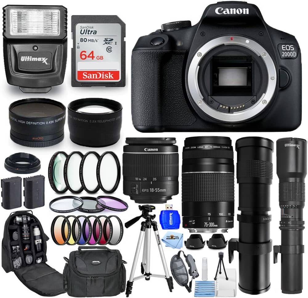 Canon - EOS 2000D/Rebel T7 18-55mm III + 75-300mm + 500mm + 420-800mm - 64GB Kit