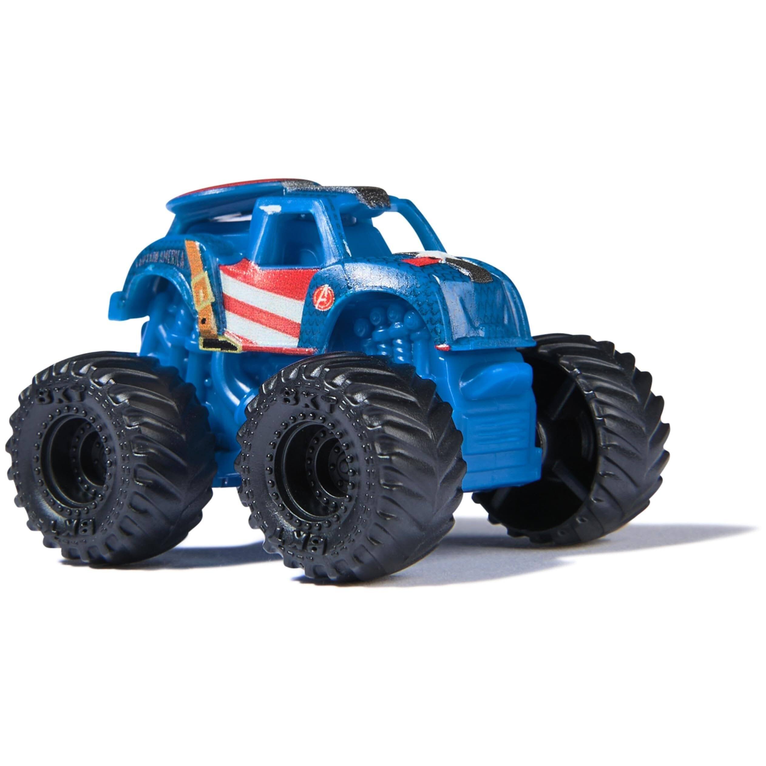 Back. Monster Jam - Monster Jam Marvel Mini Monster Trucks (Series 1) 3-Pack 1:87 Scale Die-Cast | Black Panther, Captain America & Iron Man - Multi.