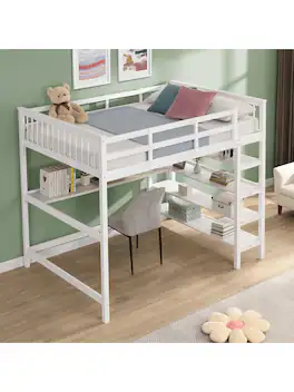 Trinkets Crazed - Twin Loft Bed With Desk And 4-Layer Shelves, Loft Bed Twin Size With Under Desk And Bookcase Storage - White