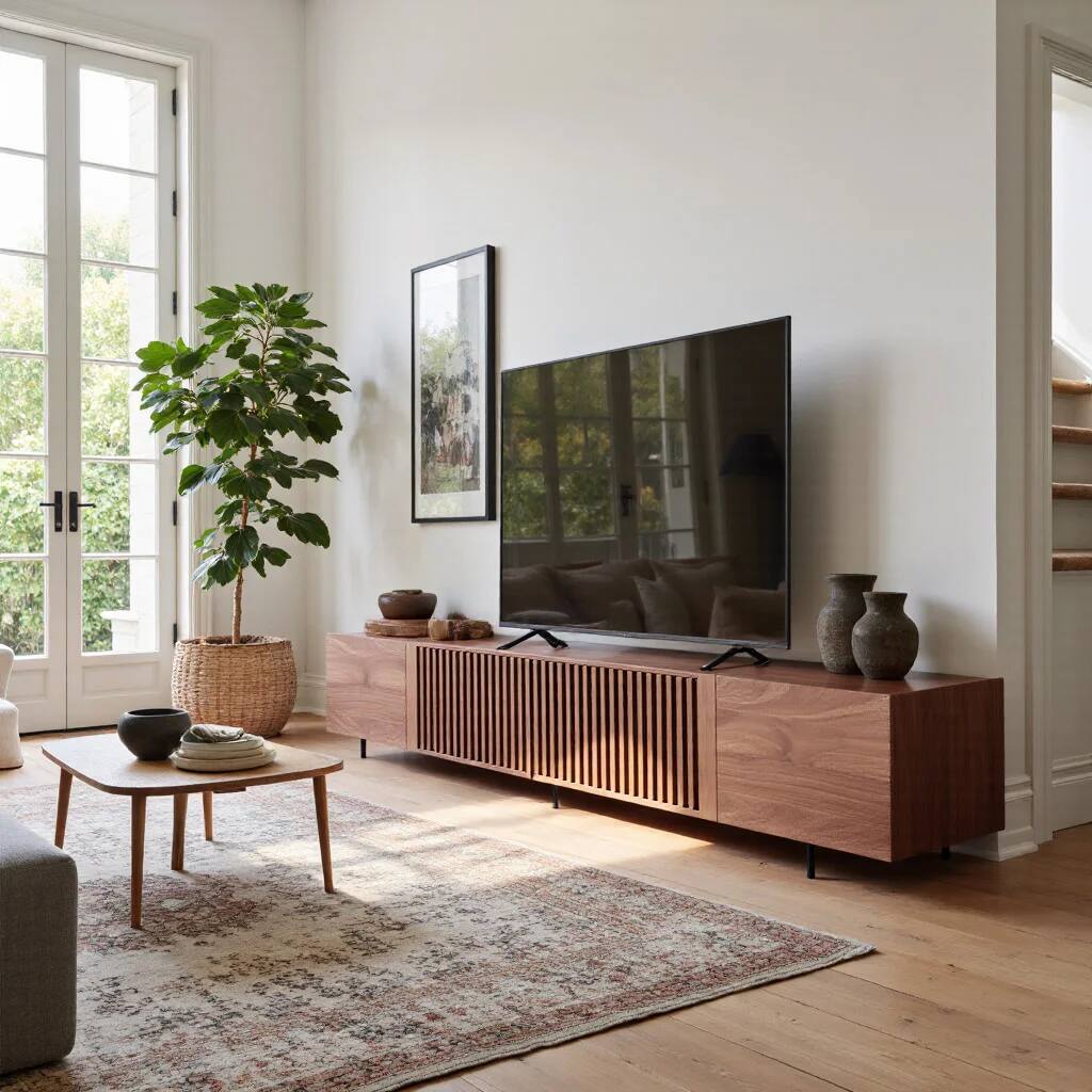 Alt View 7. luck idea - 94.48" Walnut Fluted TV Stand for TV Up to 100", Mid-Century Media Console with Storage Cabinets & Metal Legs - Brown.