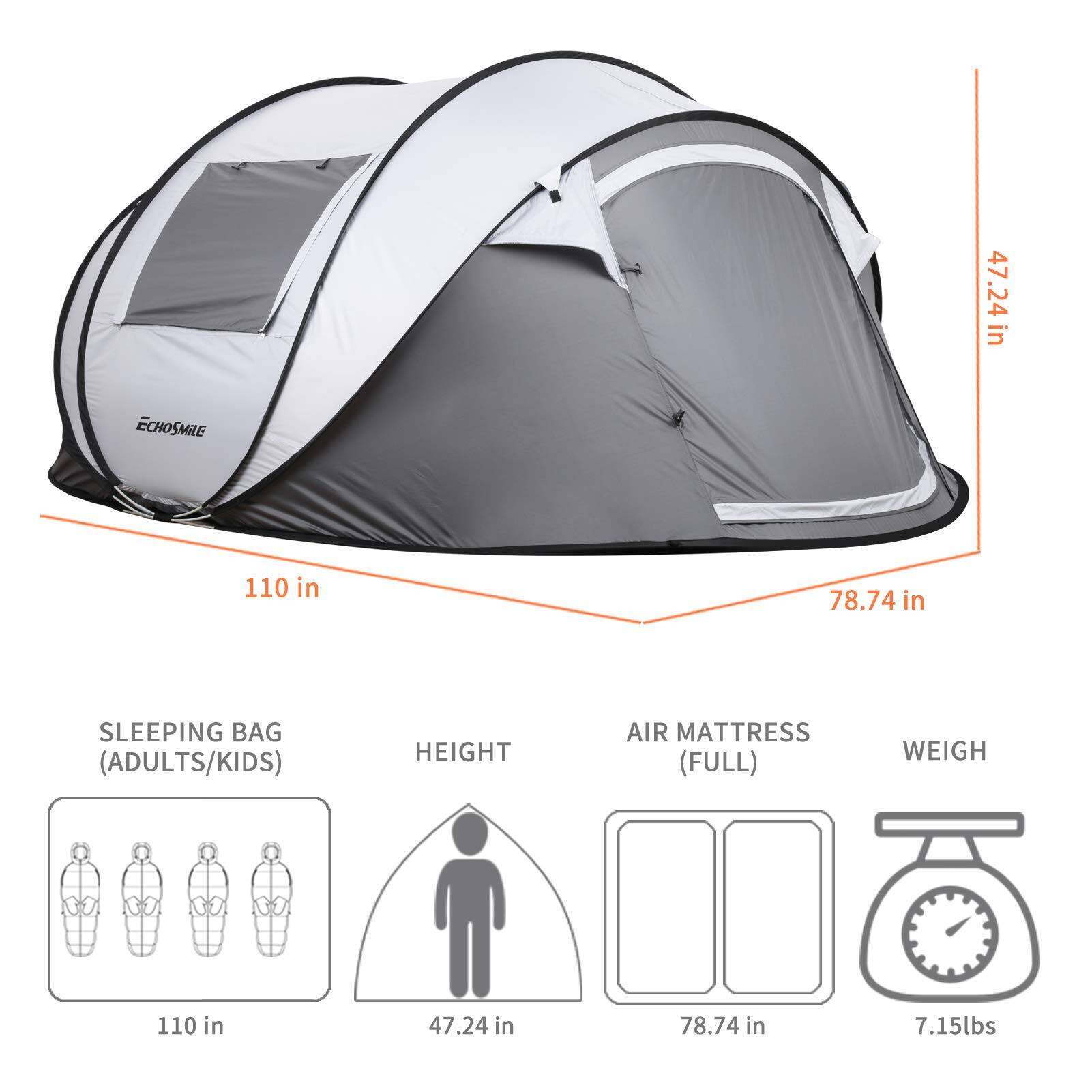 The corrected text is:

- ECHOSMILE
- 47.24 in
- 110 in
- 78.74 in
- SLEEPING BAG (ADULTS/KIDS)
- HEIGHT
- AIR MATTRESS (FULL)
- WEIGH
- 7.15 lbs