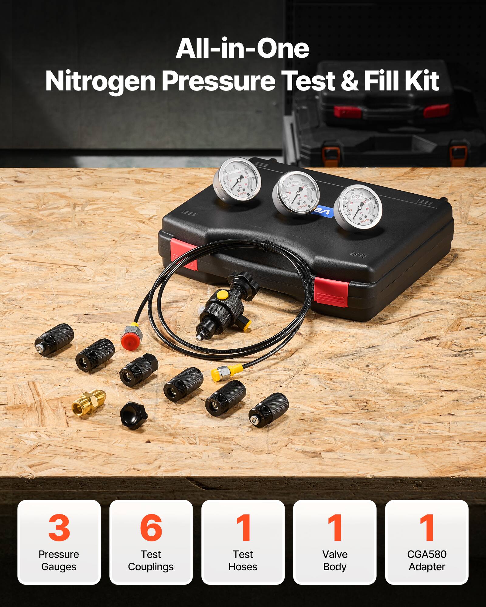 All-in-One Nitrogen Pressure Test & Fill Kit

- 3 Pressure Gauges
- 6 Test Couplings
- 1 Test Hose
- 1 Valve Body
- 1 CGA580 Adapter