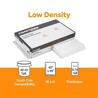 Low Density  
COASTWIDE  
Trash Bags  
Bolsas de basura  

40-45 Gal.  
Trash Can Compatibility  

40" x 46"  
W x H  

0.74 mil  
Thickness
