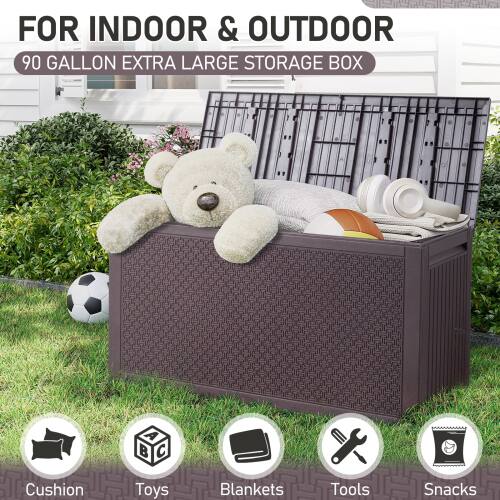 FOR INDOOR & OUTDOOR  
90 GALLON EXTRA LARGE STORAGE BOX  
Cushion  
Toys  
Blankets  
Tools  
Snacks