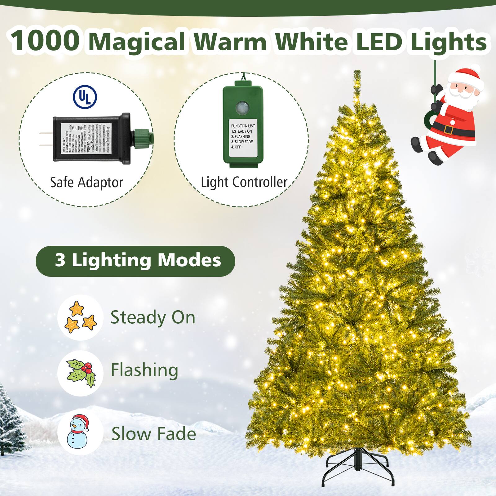 1000 Magical Warm White LED Lights

Safe Adaptor

Light Controller

3 Lighting Modes

- Steady On
- Flashing
- Slow Fade