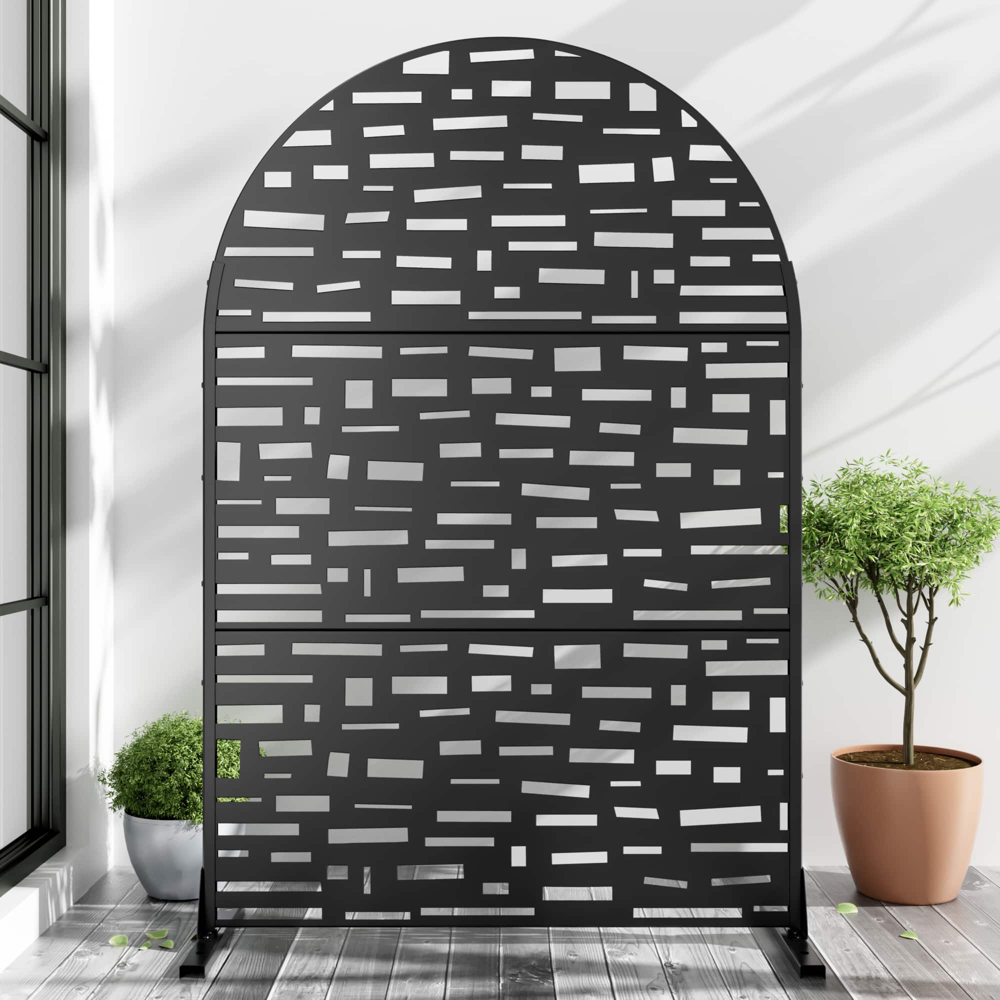 PexFix - 72 in. x 47 in. Gerald Pattern Arch Metal Outdoor Privacy Screen & Panels, Freestanding Garden Divider Fence - Black