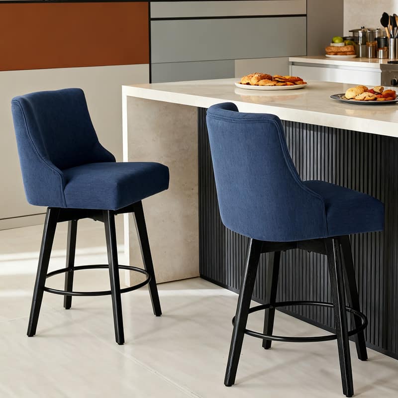 Dyonery - Counter Height Bar Stools Set of 2, Modern Swivel Barstools with Back and Wood Legs,26" H Kitchen Counter Stools - Blue