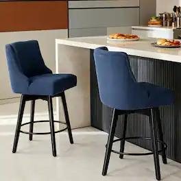 Dyonery - Counter Height Bar Stools Set of 2, Modern Swivel Barstools with Back and Wood Legs,26" H Kitchen Counter Stools - Blue