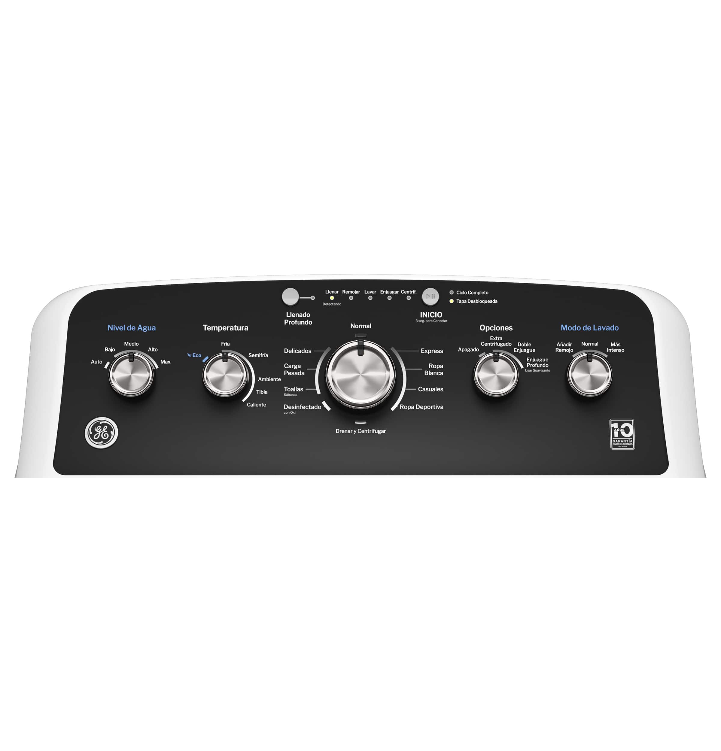 Alt View 11. GE - 4.5 Cu. Ft. High-Efficiency Top Load Washer with Spanish Control Panel - White with Matte Black.