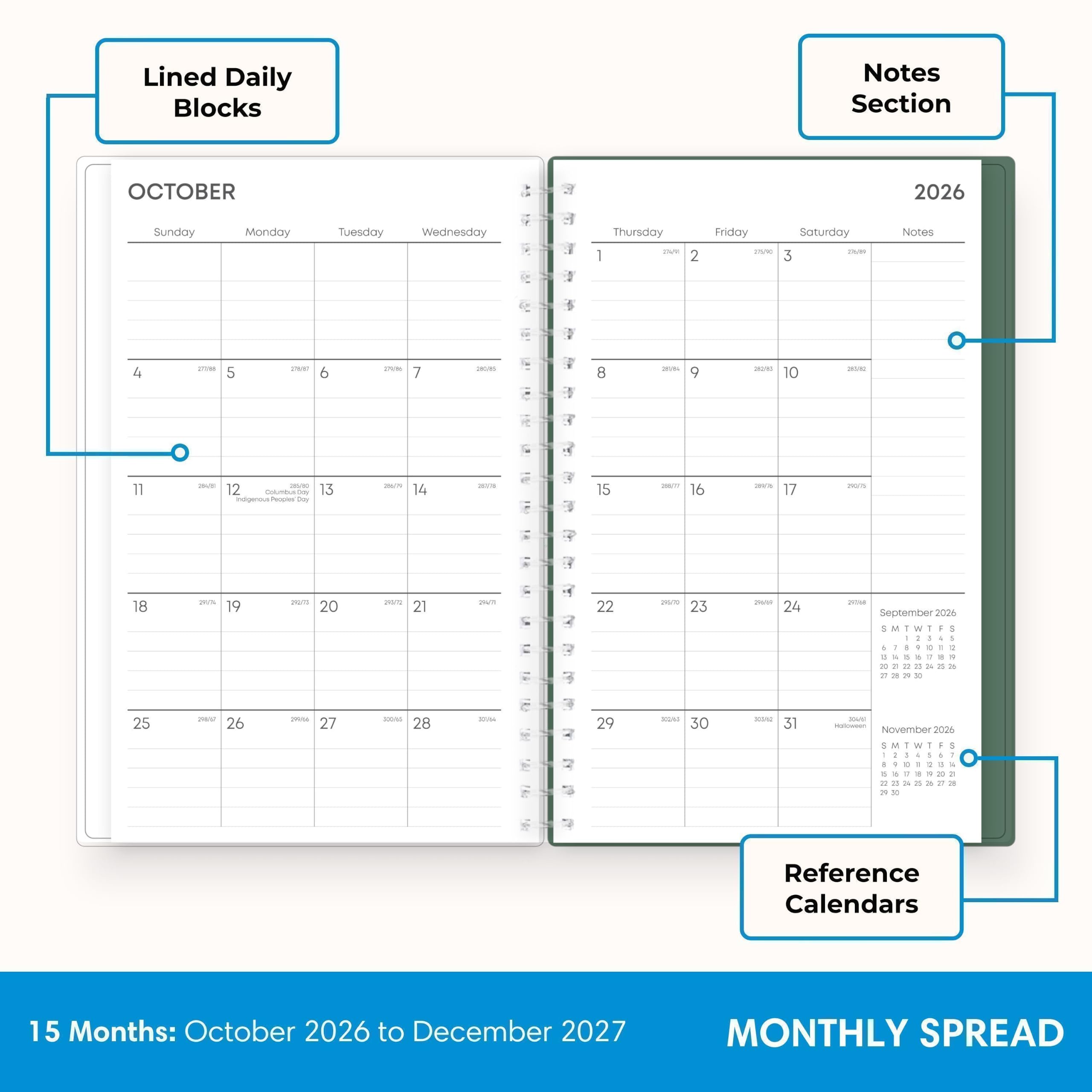 Lined Daily Blocks

Notes Section

OCTOBER
2026
Sunday Monday Tuesday Wednesday Thursday Friday Saturday
Notes
1 I'M
2 25/10
3 thin
4 dve
5 2000
6 170ml
7 2010.00
8 2016
9 adid 10
20150
O
11 2545 20/10
12 ColumbusDay
13 Indigenous/Peoples/Day
14 2018
15 28/17
16 2019
17 20/5
18 201%
19 20/73
20 20172
21 2WN
22 285/0
23 2018
24 2018 September2026 V 1 N 1 I 8 1 1 8 - 1 I I : 1 0 I : 1 5 1 = y 9 20 7