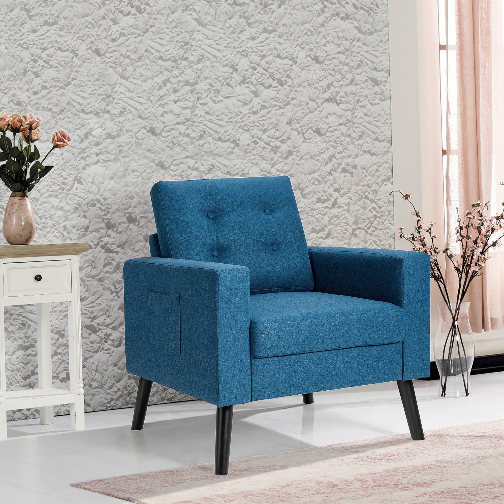 Angle. Costway - Modern Accent Upholstered Single Sofa Chair with 2-Side Pockets - Navy.
