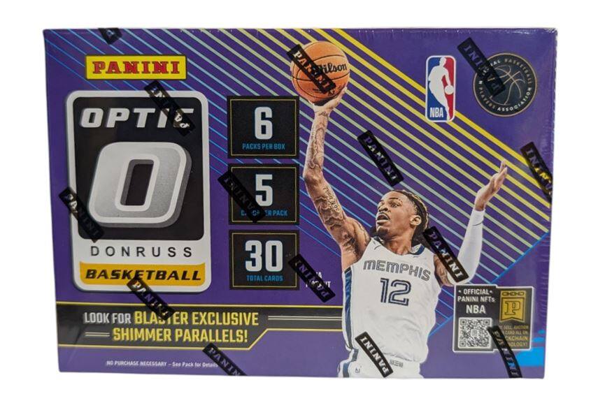 PANINI OPTICS  
DONRUSS BASKETBALL  
6 PACKS PER BOX  
5 PACKS PER BOX  
30 TOTAL CARDS  
LOOK FOR BLASTER EXCLUSIVE SHIMMER PARALLELS!  
OFFICIAL PANINI NFTs  
NO PURCHASE NECESSARY - See Pack for Details