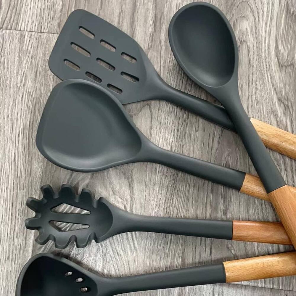 Angle. RTMB - A set of large silicone cooking utensils that are BPA-free, heat-resistant, - Black.