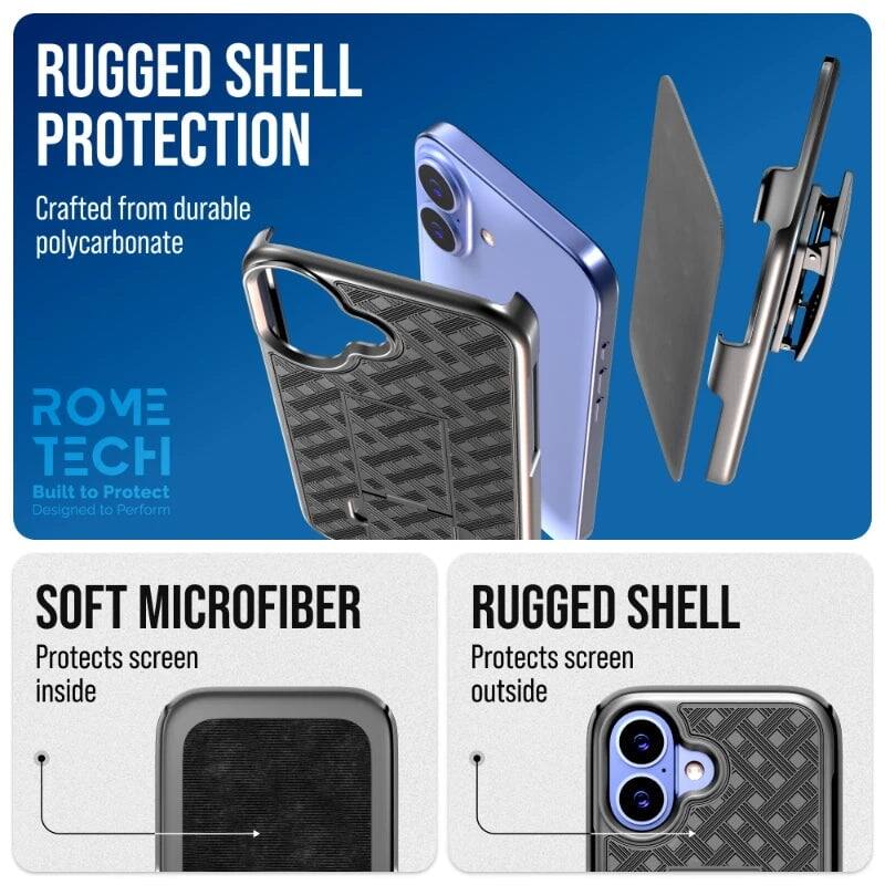 RUGGED SHELL PROTECTION  
Crafted from durable polycarbonate  

SOFT MICROFIBER  
Protects screen inside  

RUGGED SHELL  
Protects screen outside