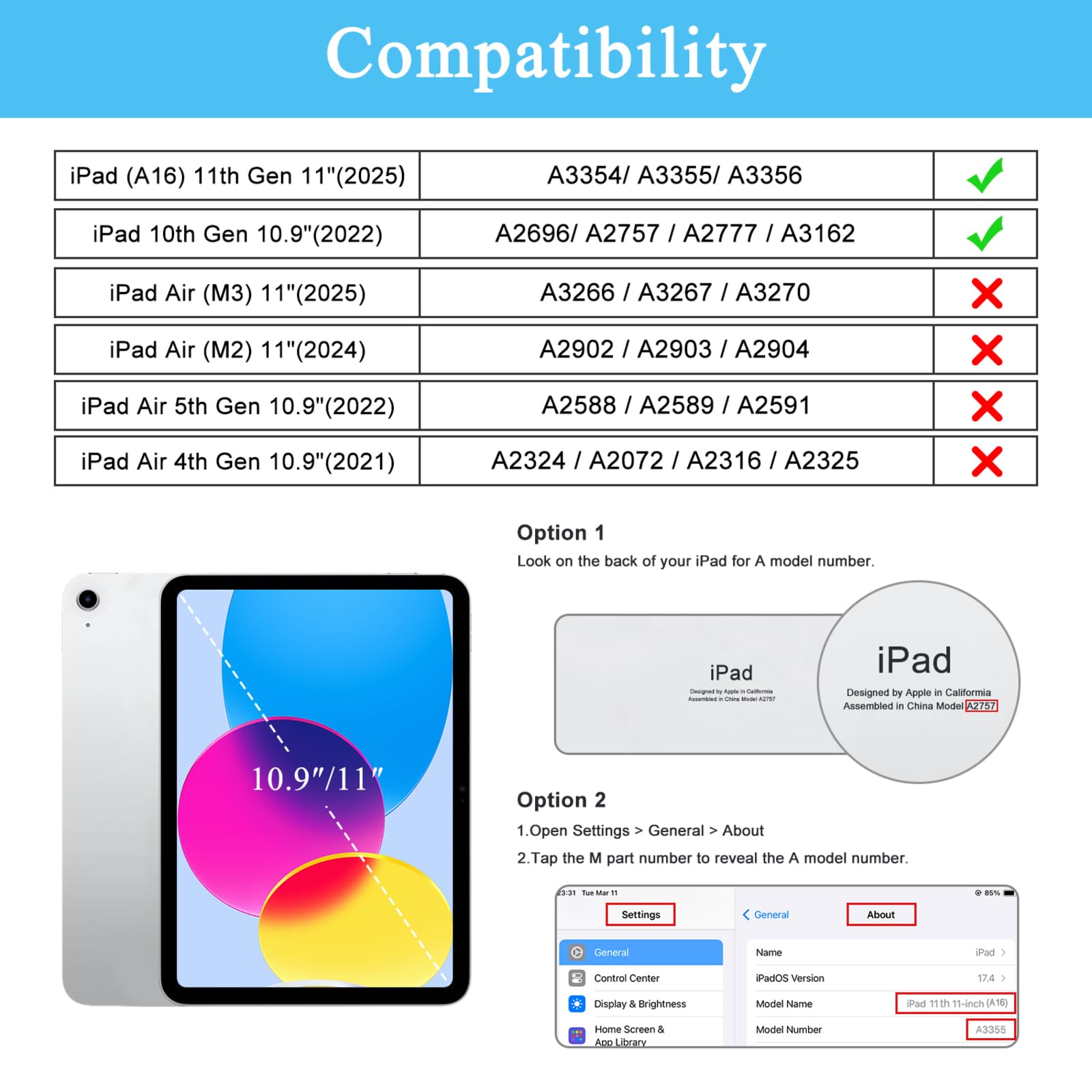 **Compatibility**

- iPad (A16) 11th Gen 11" (2025)  
  A3354 / A3355 / A3356  
  ✔️

- iPad 10th Gen 10.9" (2022)  
  A2696 / A2757 / A2777 / A3162  
  ✔️

- iPad Air (M3) 11" (2025)  
  A3266 / A3267 / A3270  
  ❌

- iPad Air (M2) 11" (2024)  
  A2902 / A2903 / A2904  
  ❌

- iPad Air 5th Gen 10.9" (2022)  
  A2588 / A2589 / A2591  
  ❌

- iPad Air 4th Gen 10.9" (2021)  
  A2324 / A2072 /