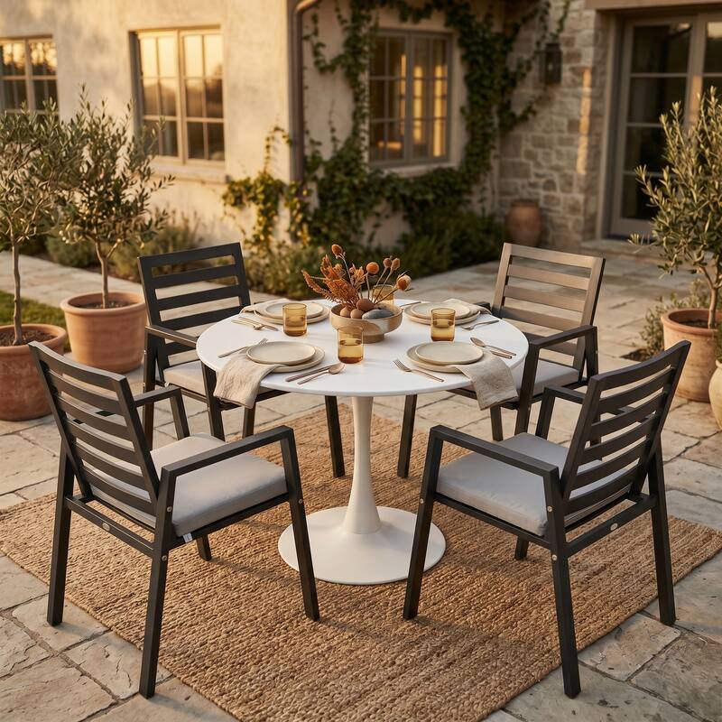 Alt View 2. LeisureMod - Bello 35 Inch Outdoor Metal Dining Table with Black Base, Weather-Resistant Patio Bistro Furniture - White.