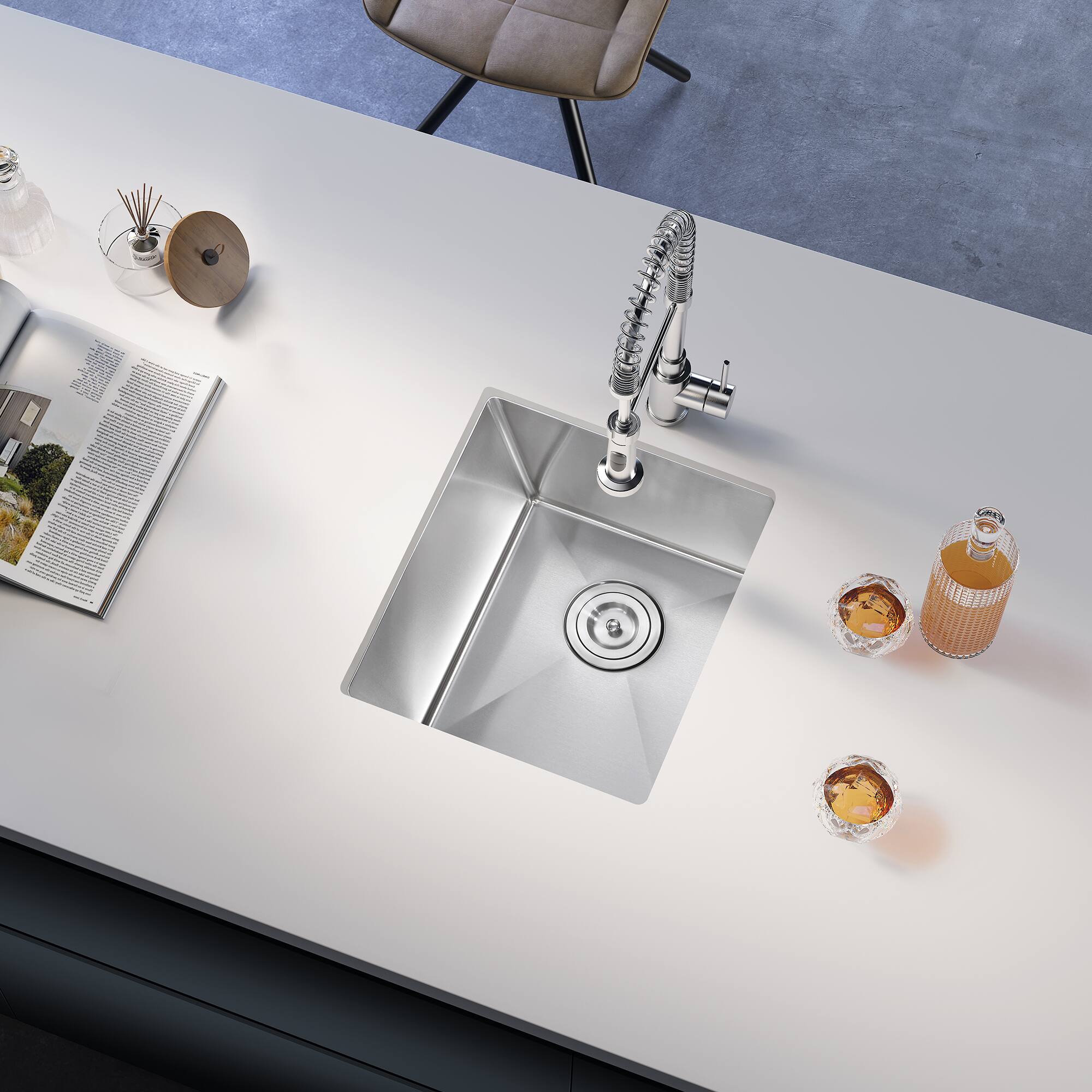 Angle. Akicon - Akicon 15 in. Undermount Single Bowl 20-Gauge Silver Nano Kitchen Sink with Basket Strainer - Silver.