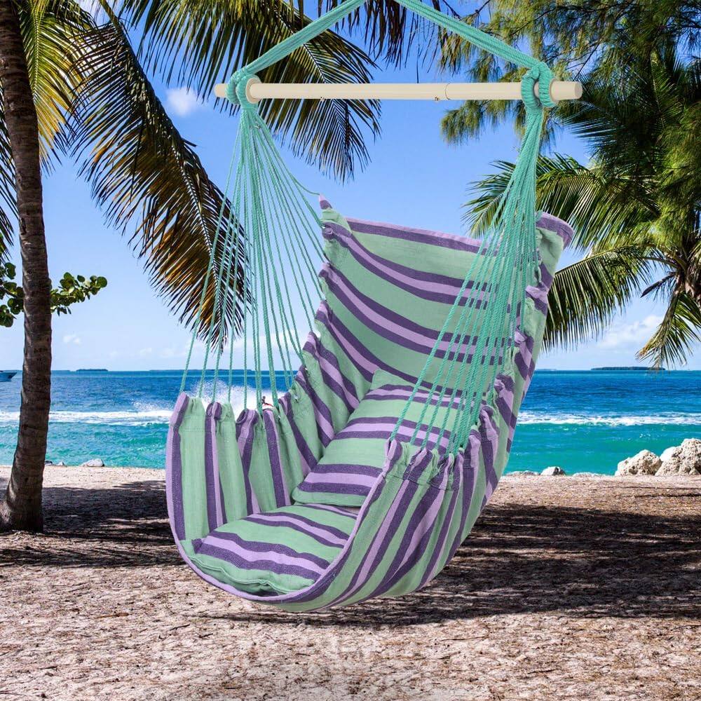 Alt View 5. Winado - Hammock Chair Hanging Rope Swing, Macrame Hammock Swing Seat with 2 Cushions, Portable Steel Spreader Bar for In/Outdoor - Green Stripes.