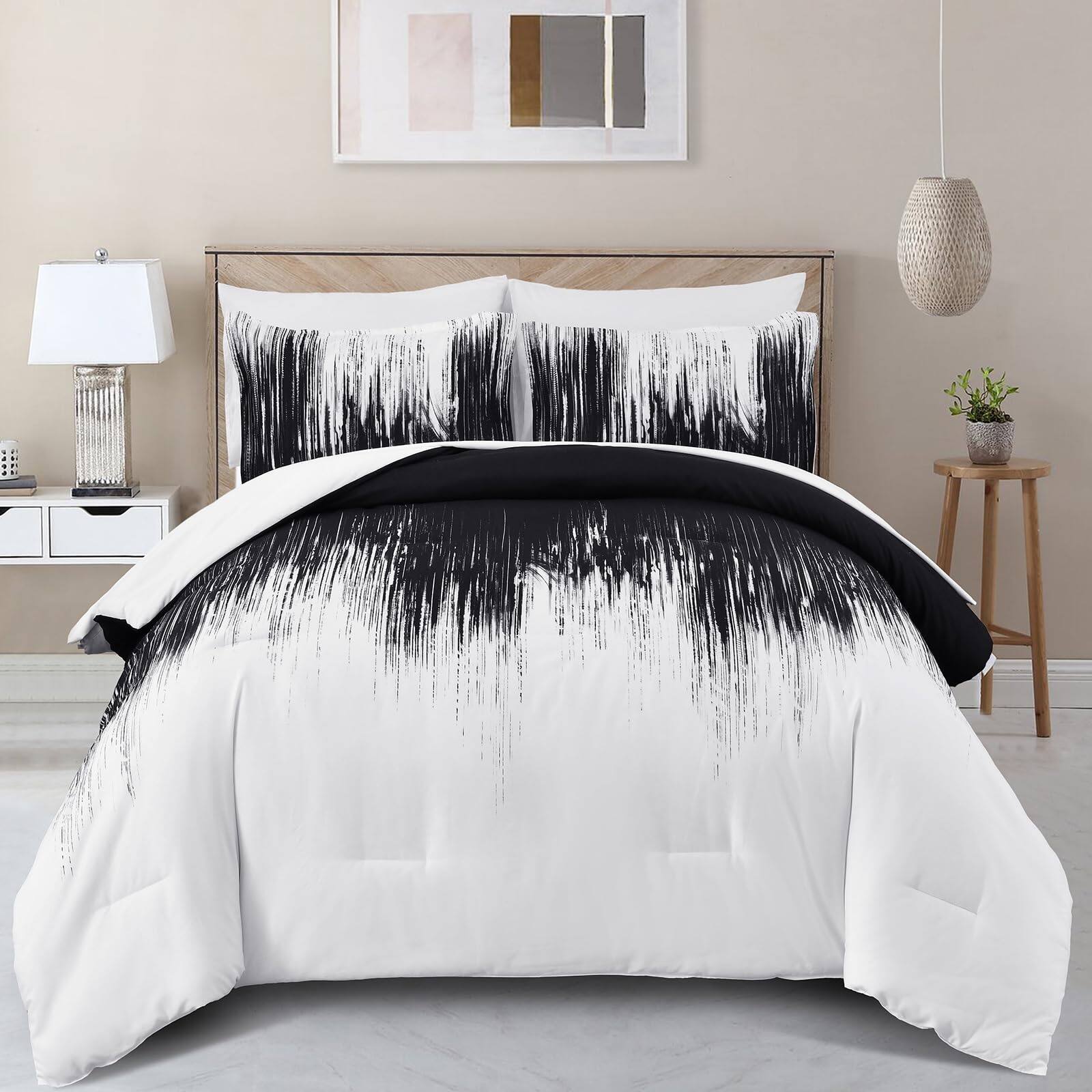 Front. PO3TICJUNKI3 - Ombre Comforter Set Reversible Gradient Boho Bedding For Men Women 8 Pieces Bed In A Bag Bohemian With Sheets - Black White-King.