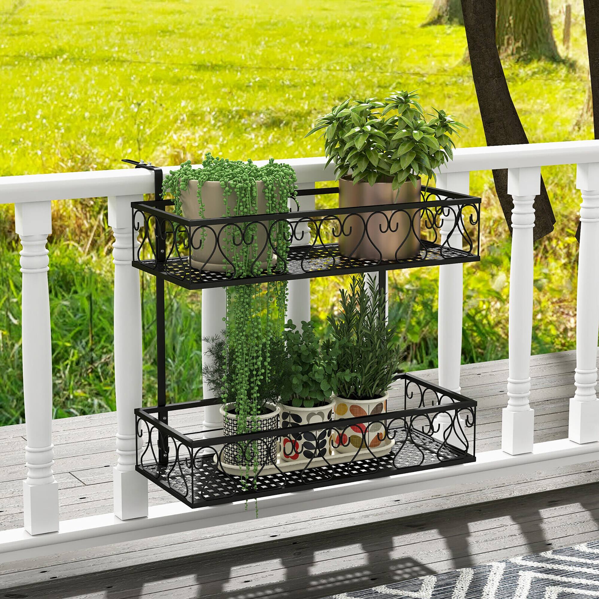Alt View 2. Gymax - Gymax 2-Tier Flower Pot Holder Balcony Hanging Rack Railing Shelf w/ Adjustable Hooks - Black.