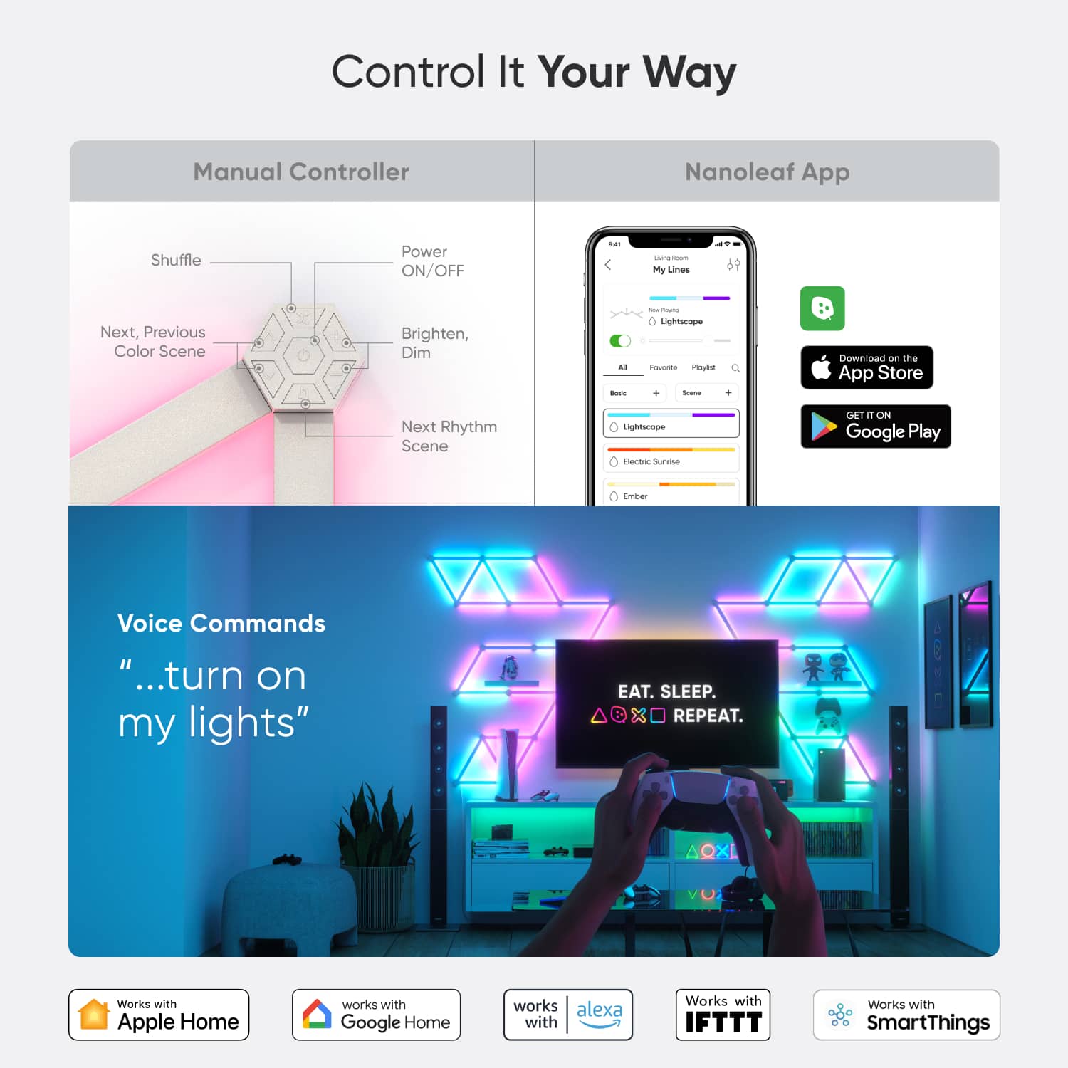 Control It Your Way Manual Controller Nanoleaf App Shuffle Power ON/OFF My Lines 69 Next, Previous Color Scene Brighten, Dim Light Controls ...turn on my lights EAT. SLEEP. REPEAT. Works with Apple Home, Google Home, Alexa, IFTTT, and SmartThings.